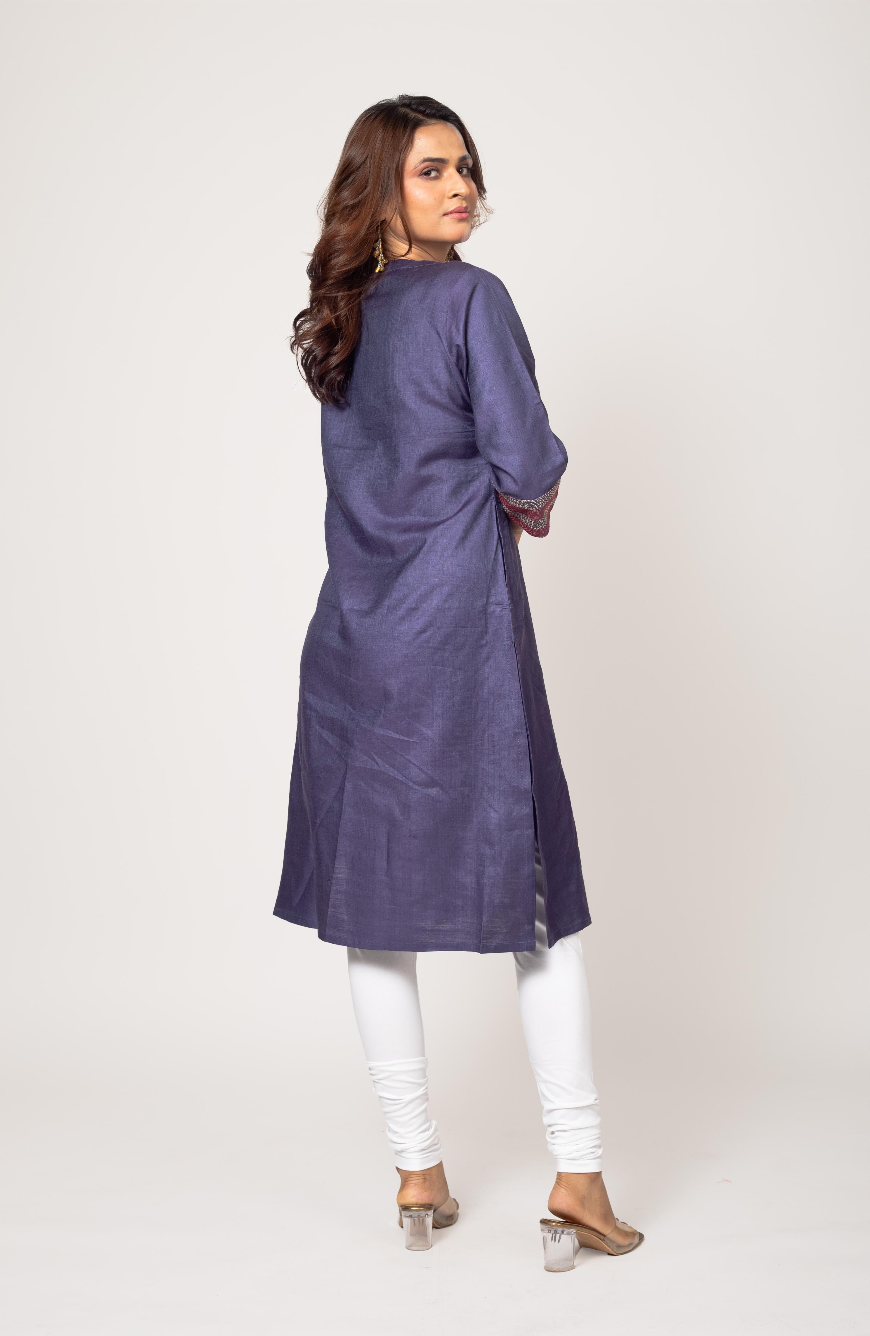 Purple Silk Hand Embroidered Slim Fit Kurti