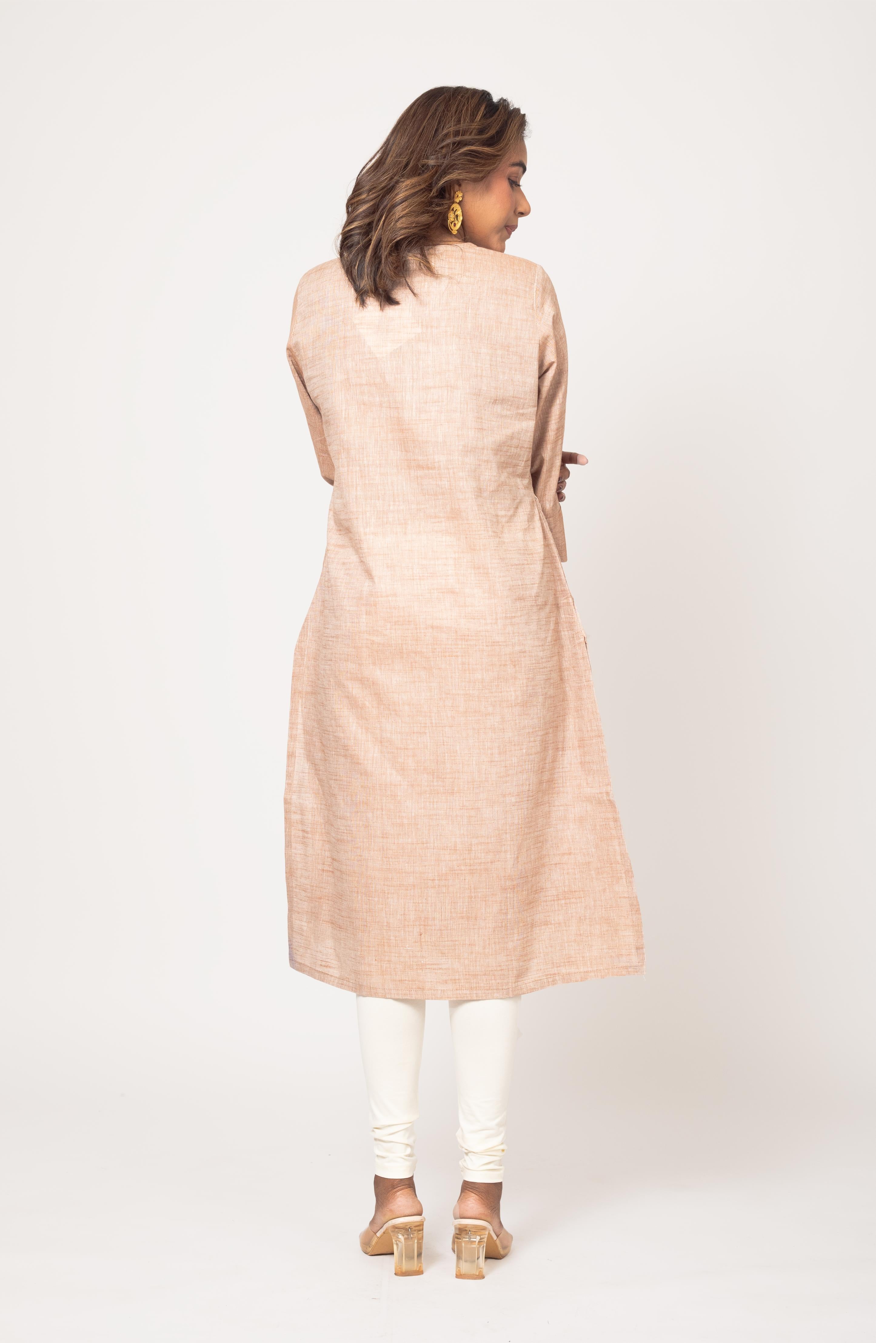 Cream Cotton Hand Embroidered Slim Fit Kurti