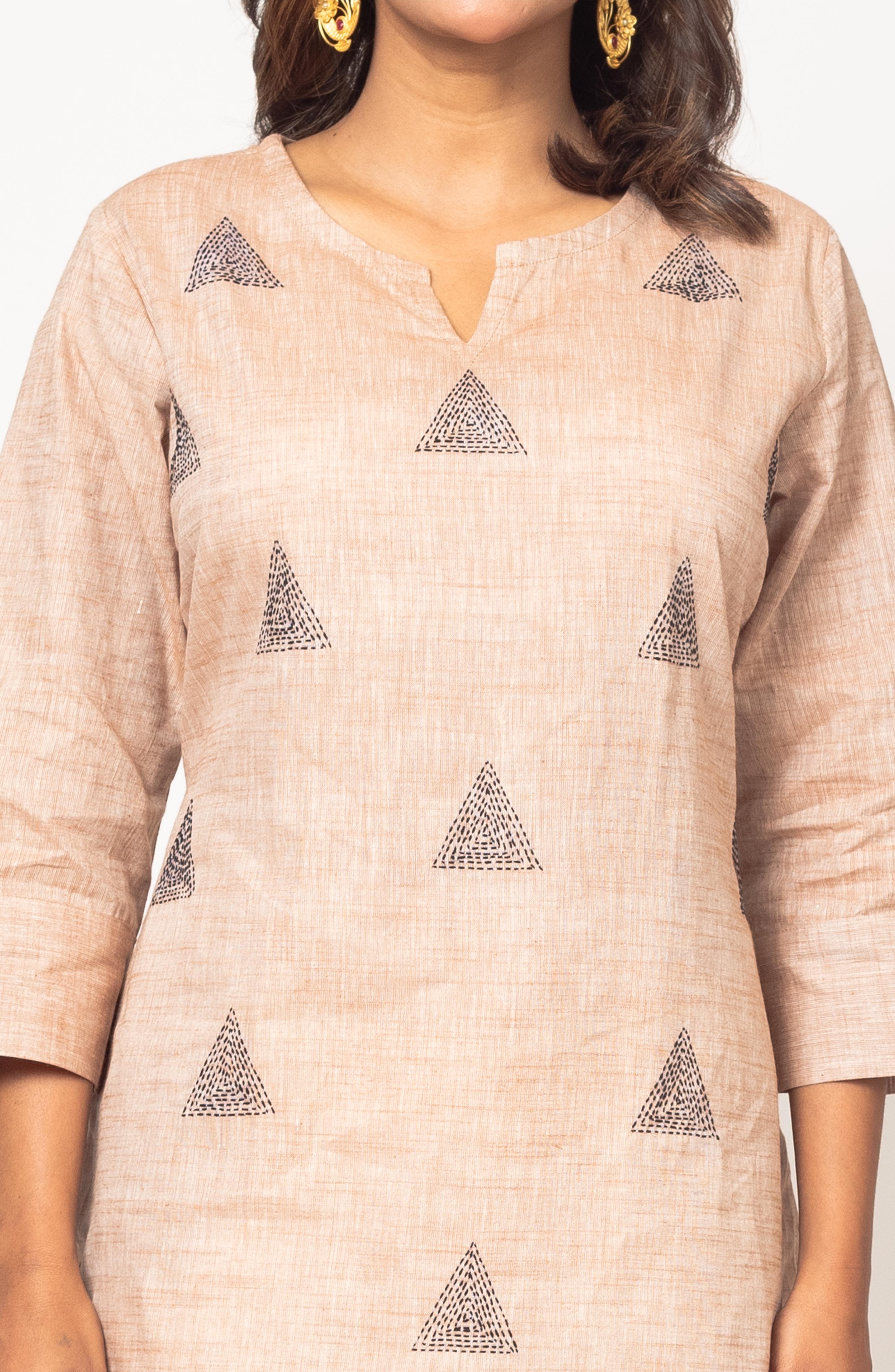 Cream Cotton Hand Embroidered Slim Fit Kurti