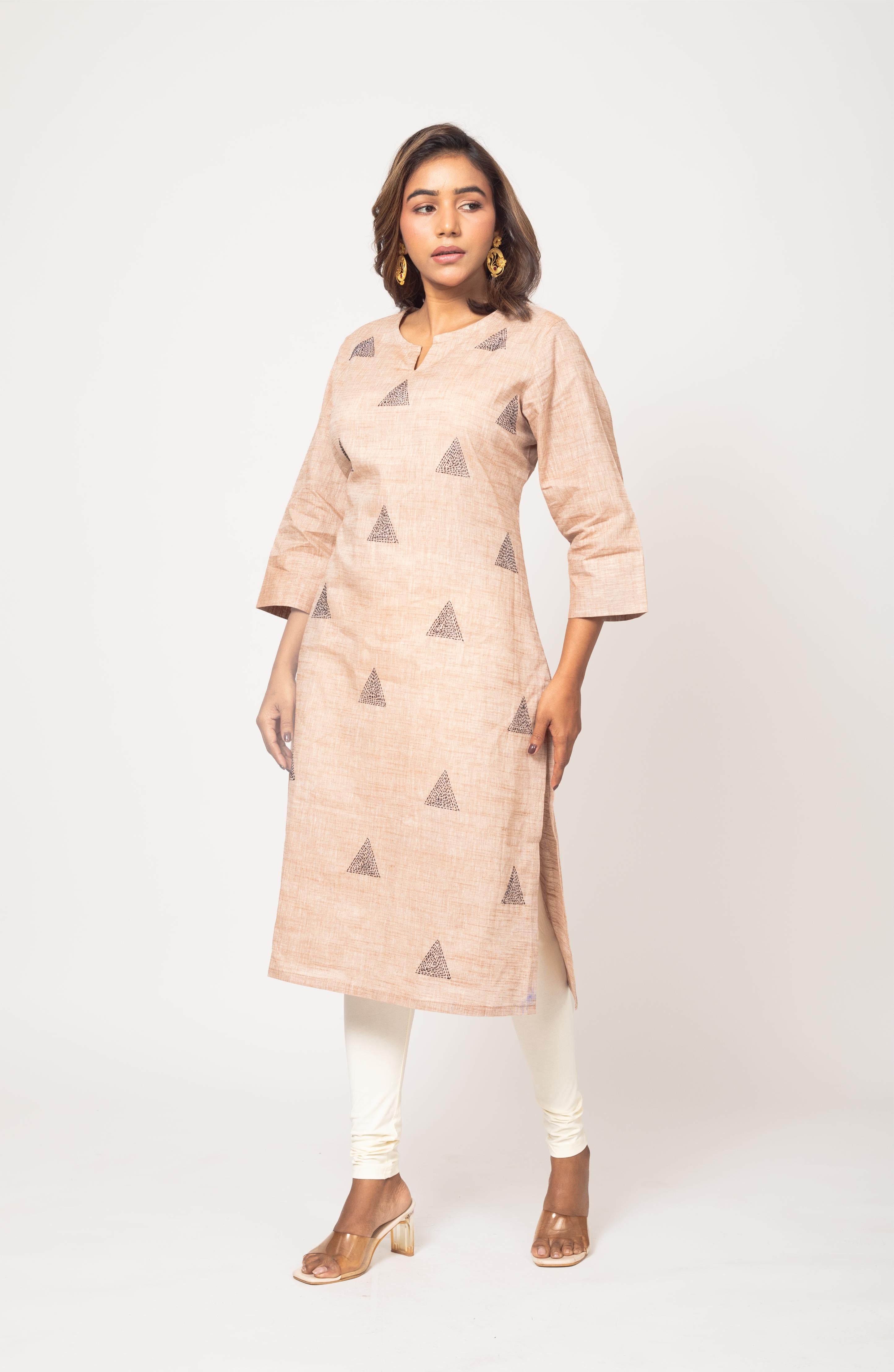 Cream Cotton Hand Embroidered Slim Fit Kurti