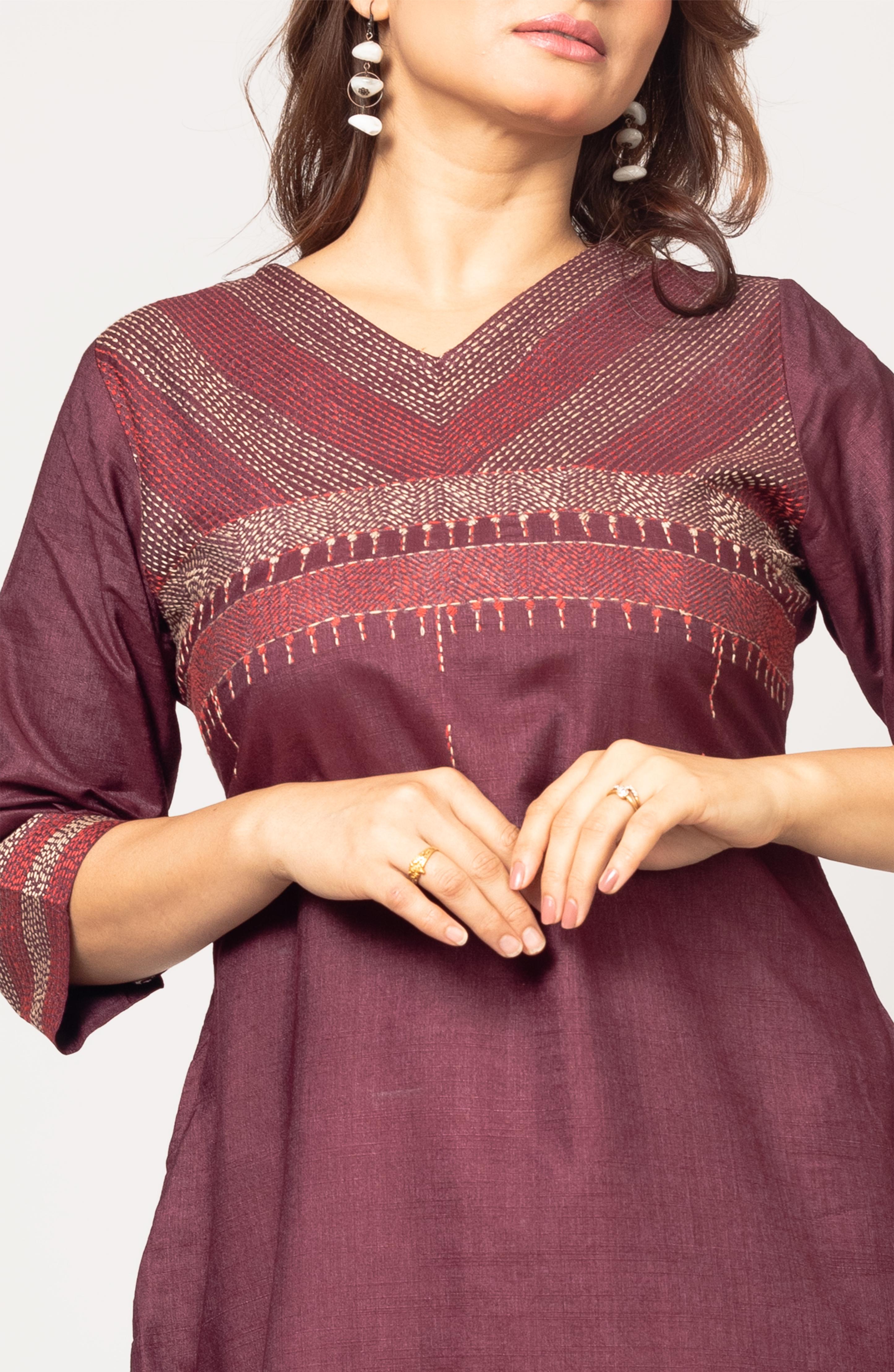 Maroon Silk Hand Embroidered Slim Fit Kurti
