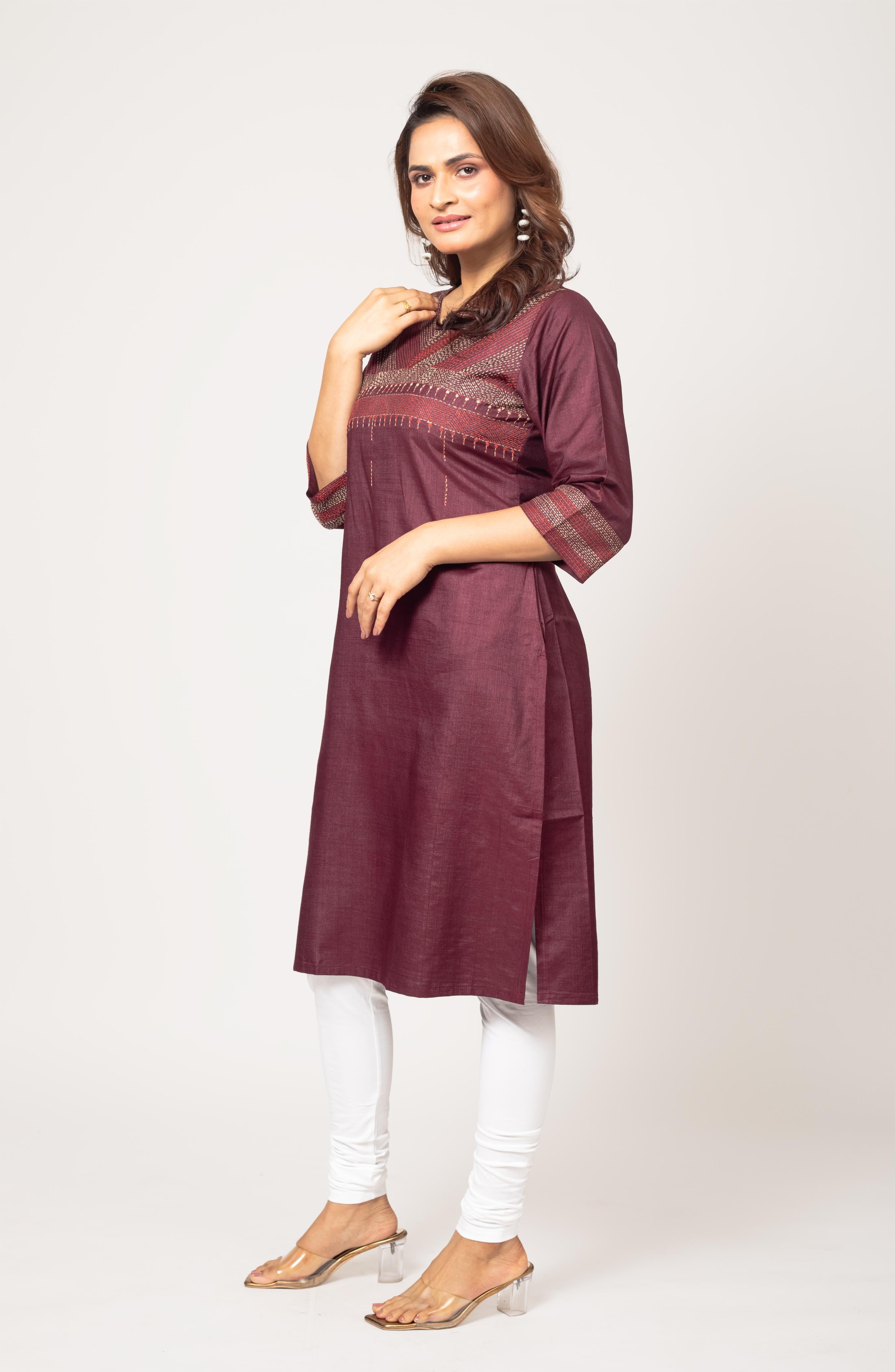 Maroon Silk Hand Embroidered Slim Fit Kurti