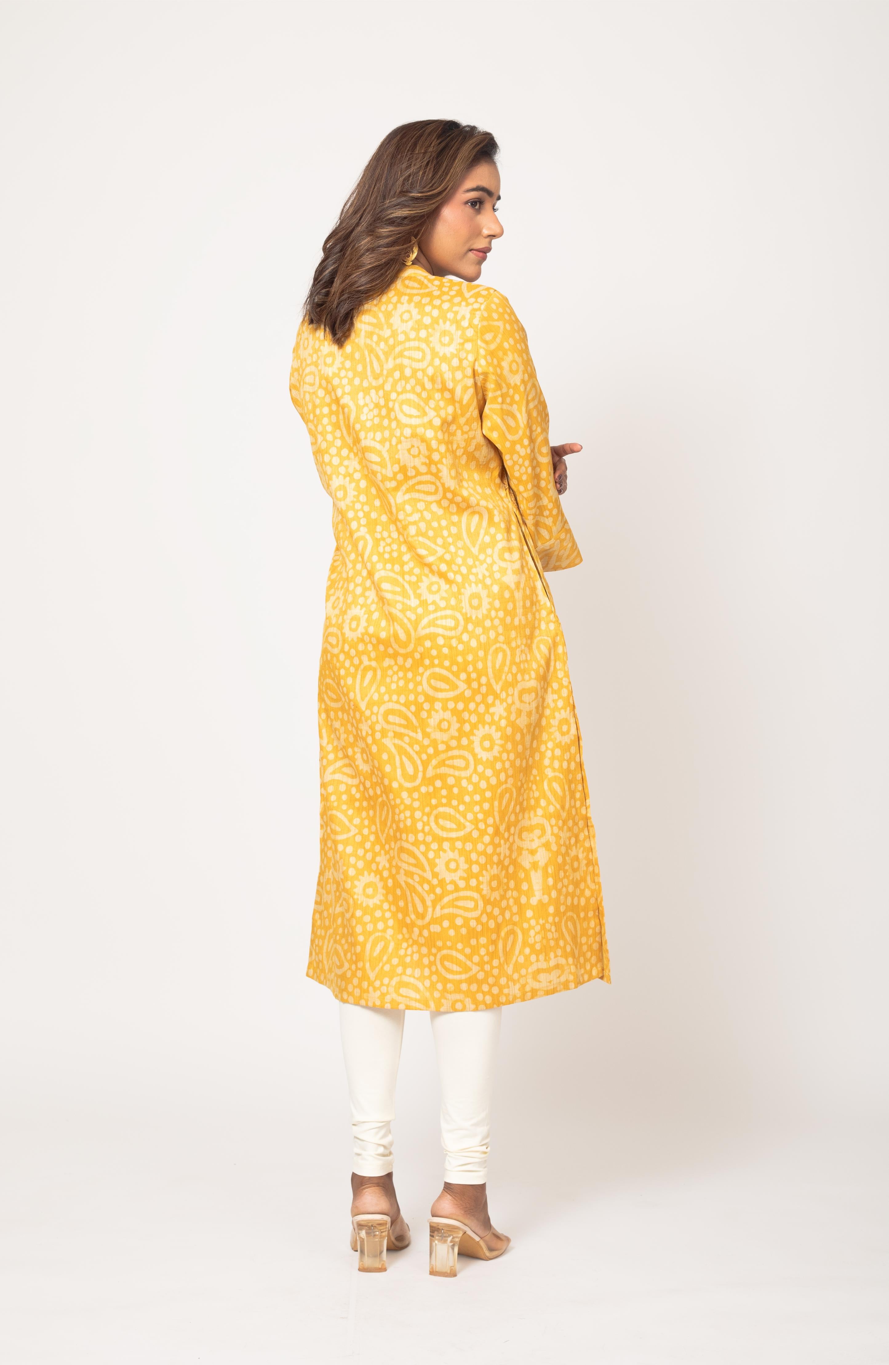 Yellow Block Print Viscose Hand Embroidered Slim Fit Kurti