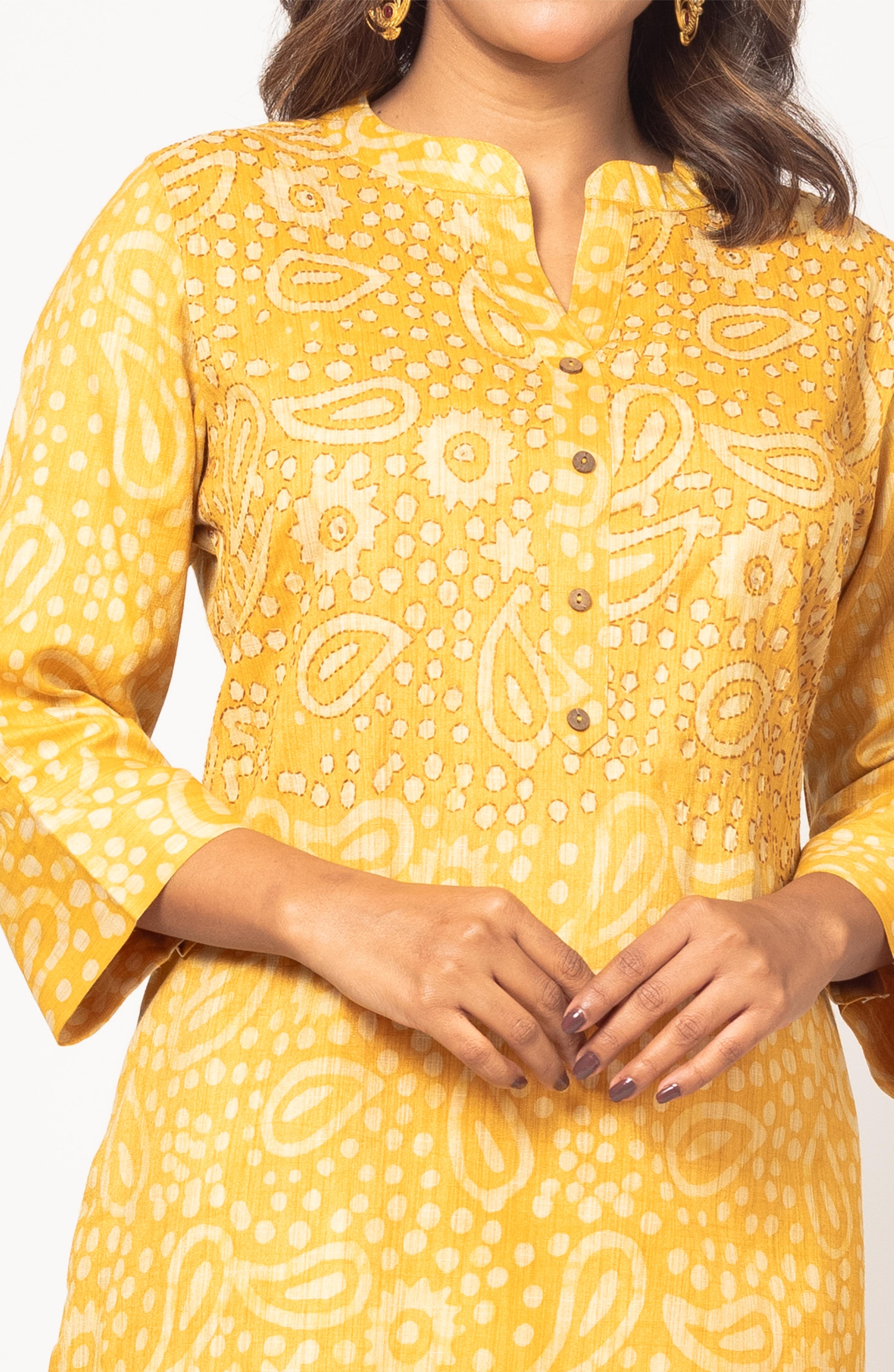 Yellow Block Print Viscose Hand Embroidered Slim Fit Kurti