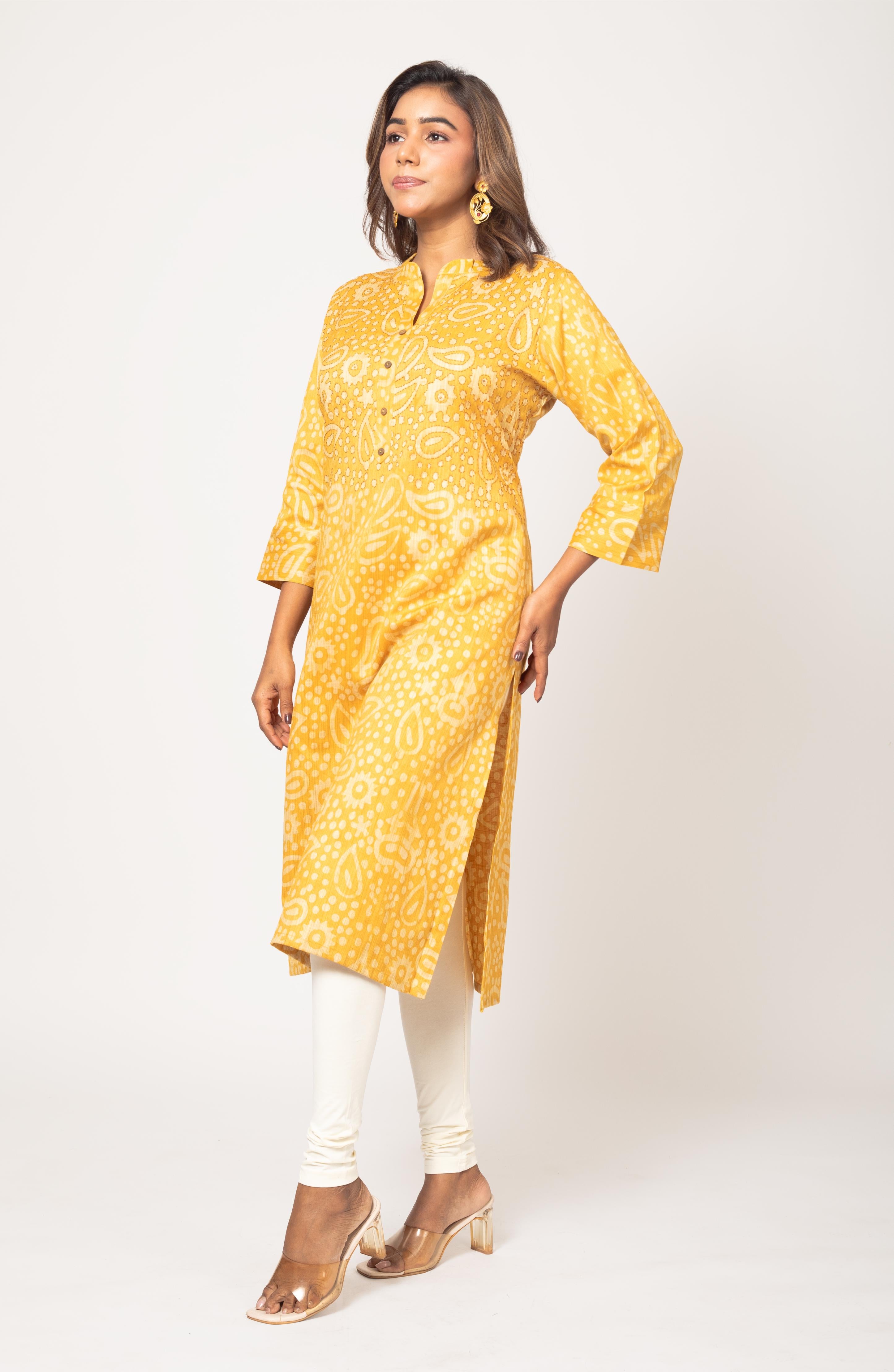 Yellow Block Print Viscose Hand Embroidered Slim Fit Kurti