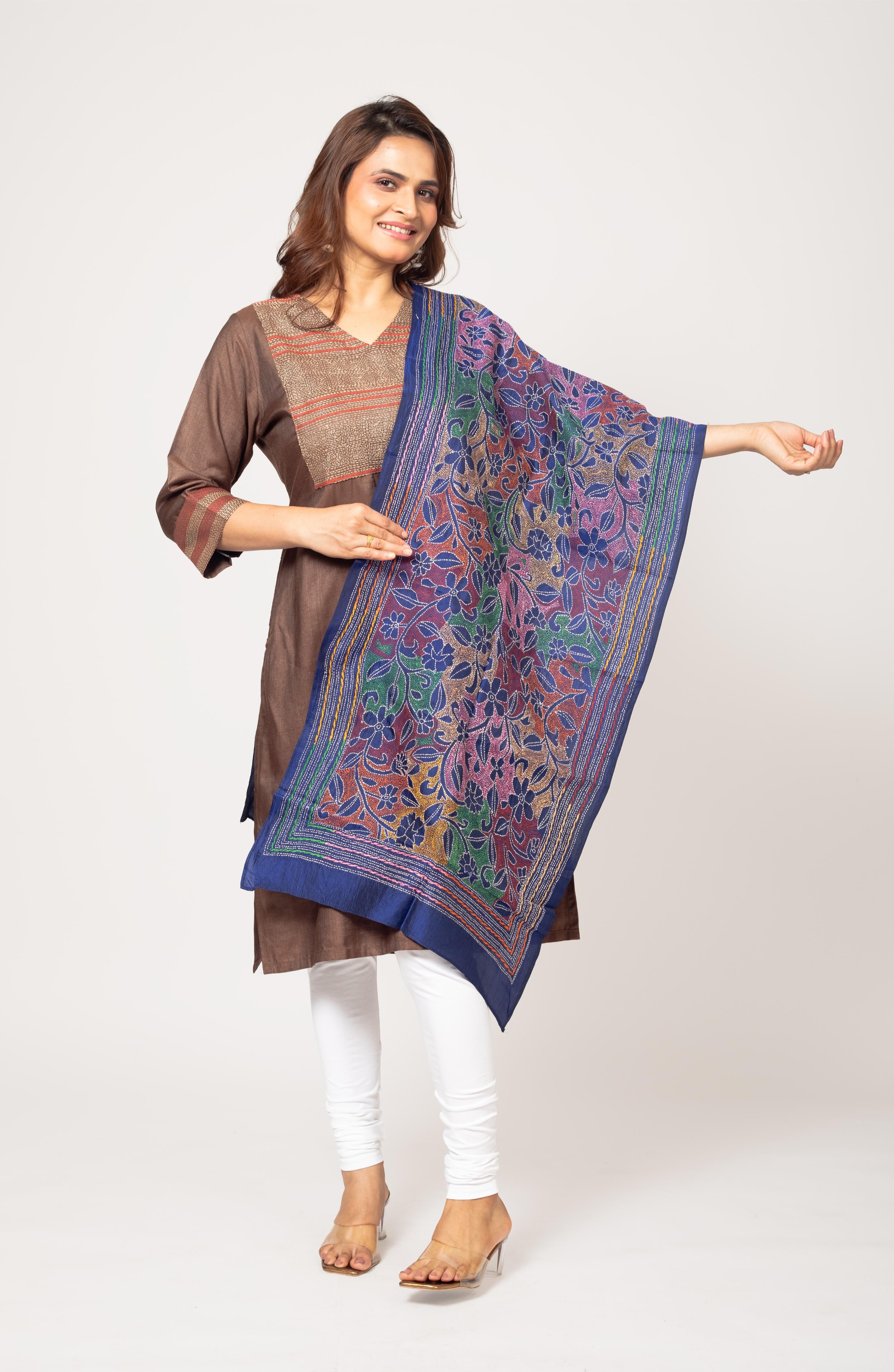 Dark Blue Floral Pure Silk Stole