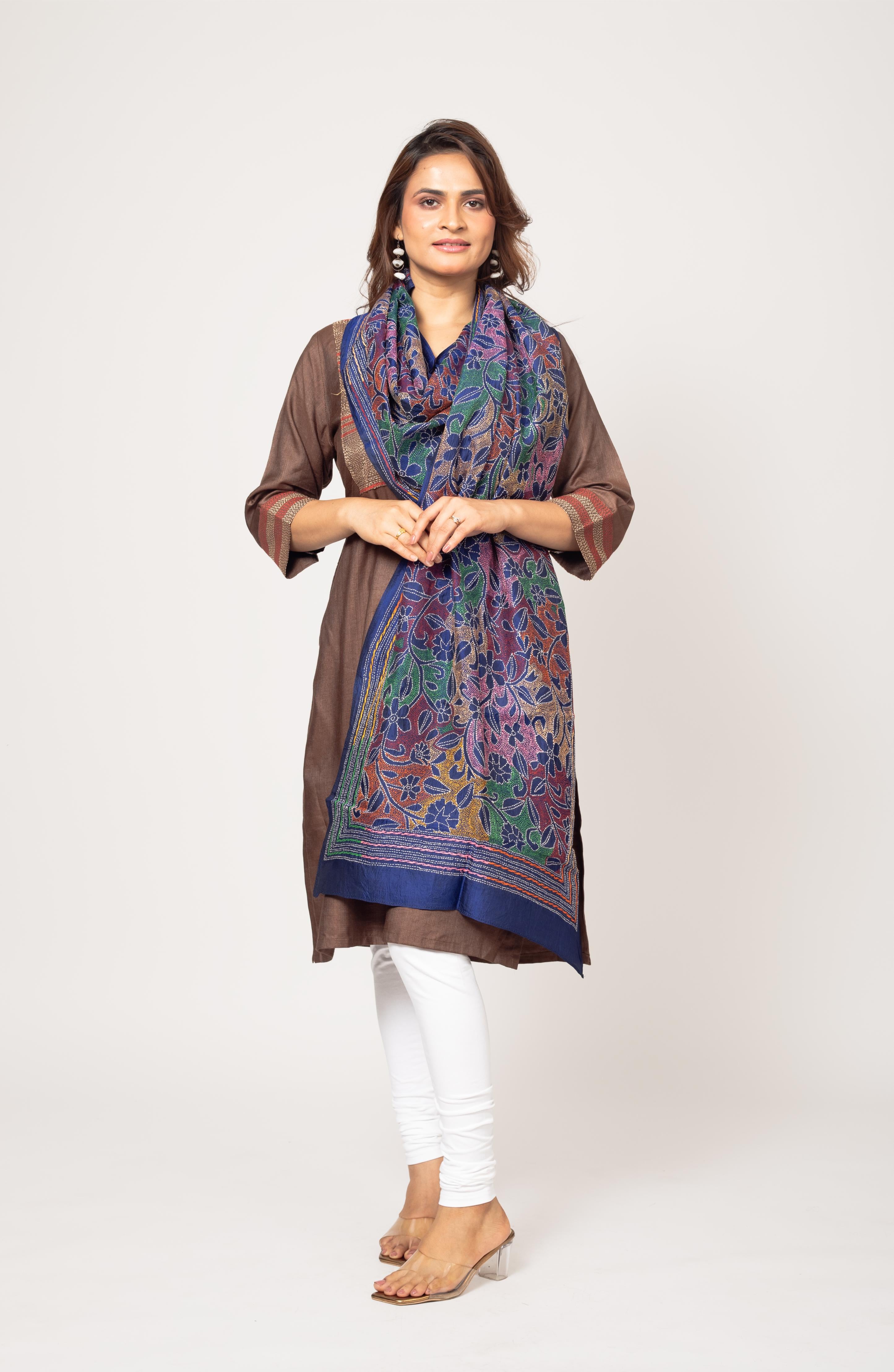 Dark Blue Floral Pure Silk Stole