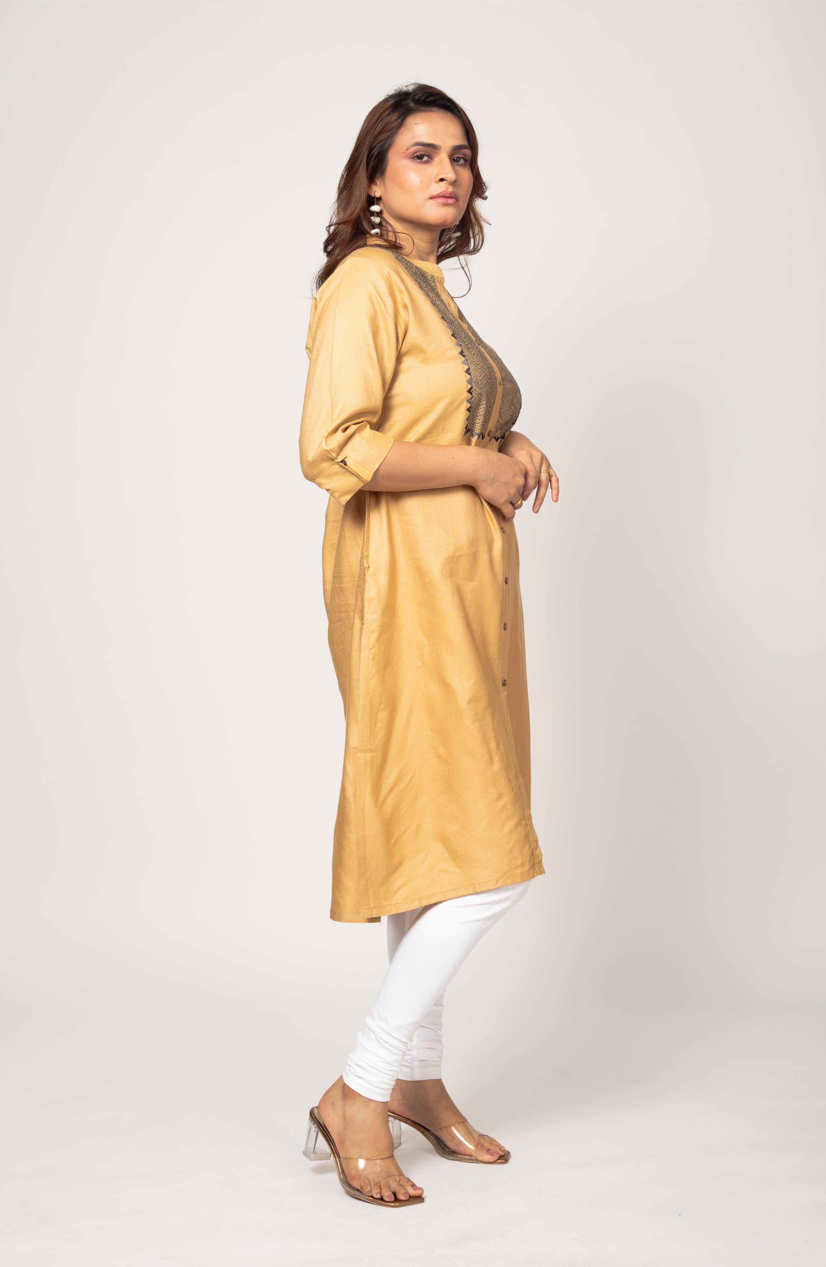 Tan Silk Hand Embroidered Slim Fit Kurti