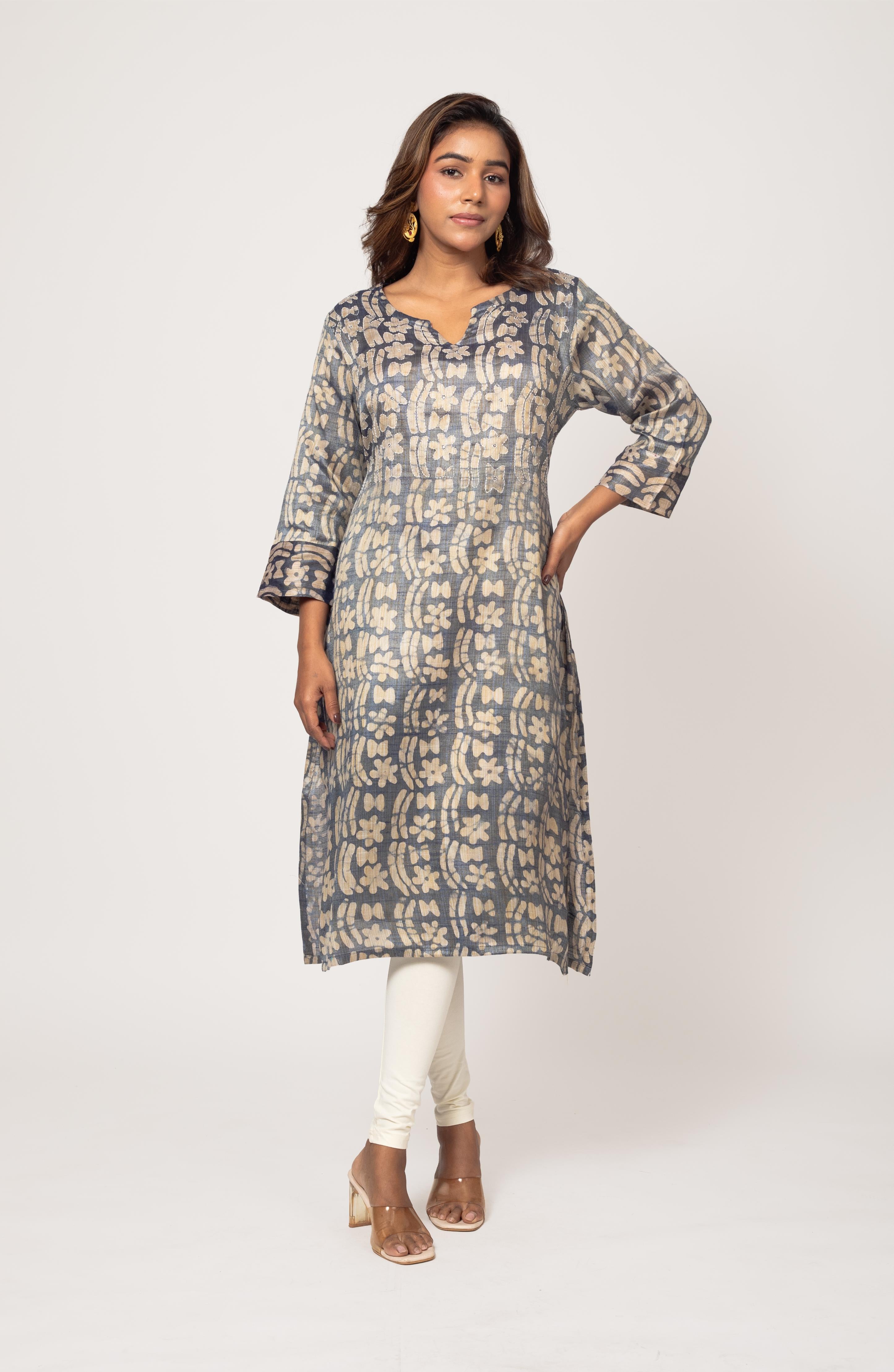 Grey Block Cotton Hand Embroidered Slim Fit Kurti