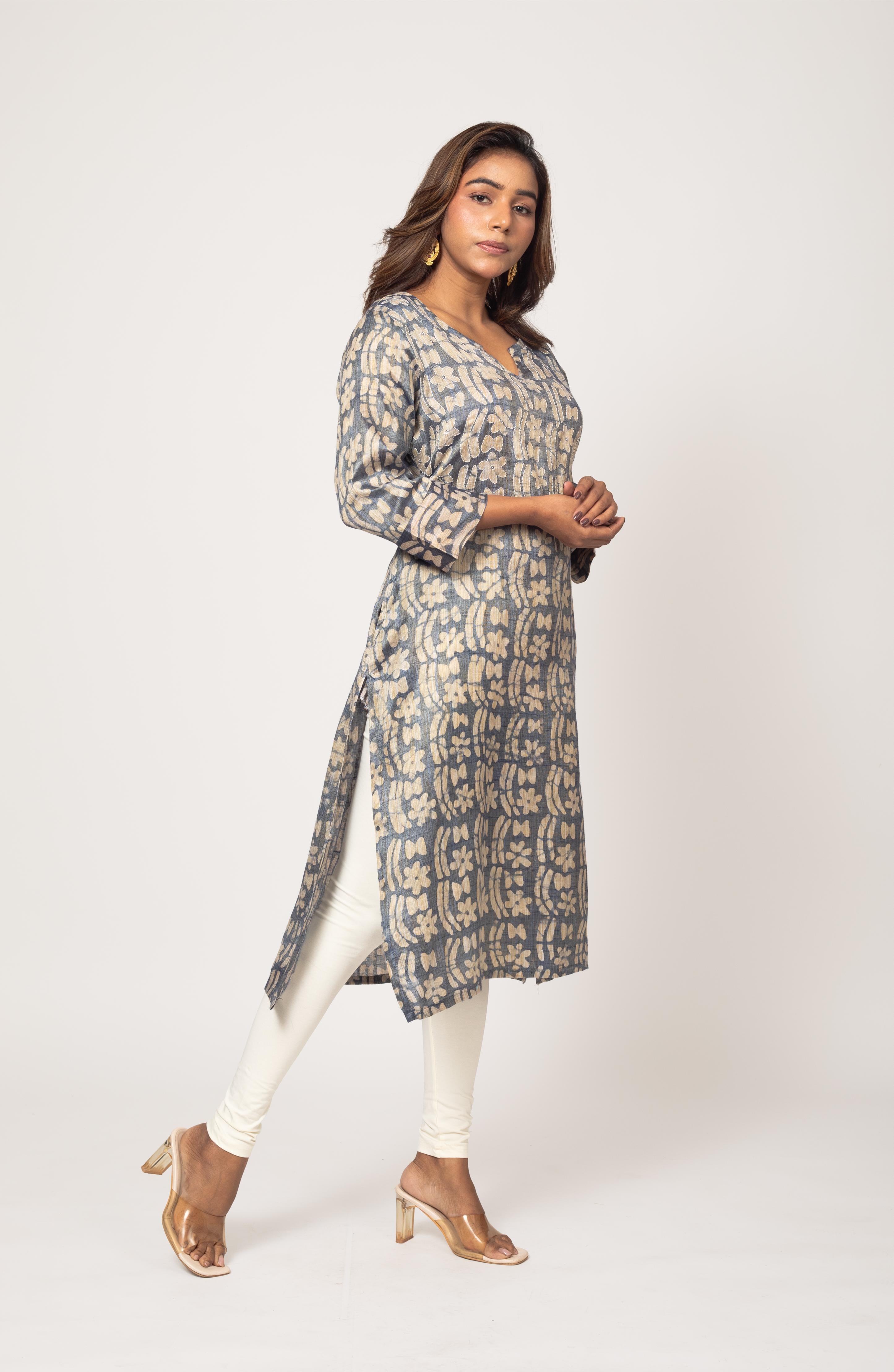 Grey Block Cotton Hand Embroidered Slim Fit Kurti