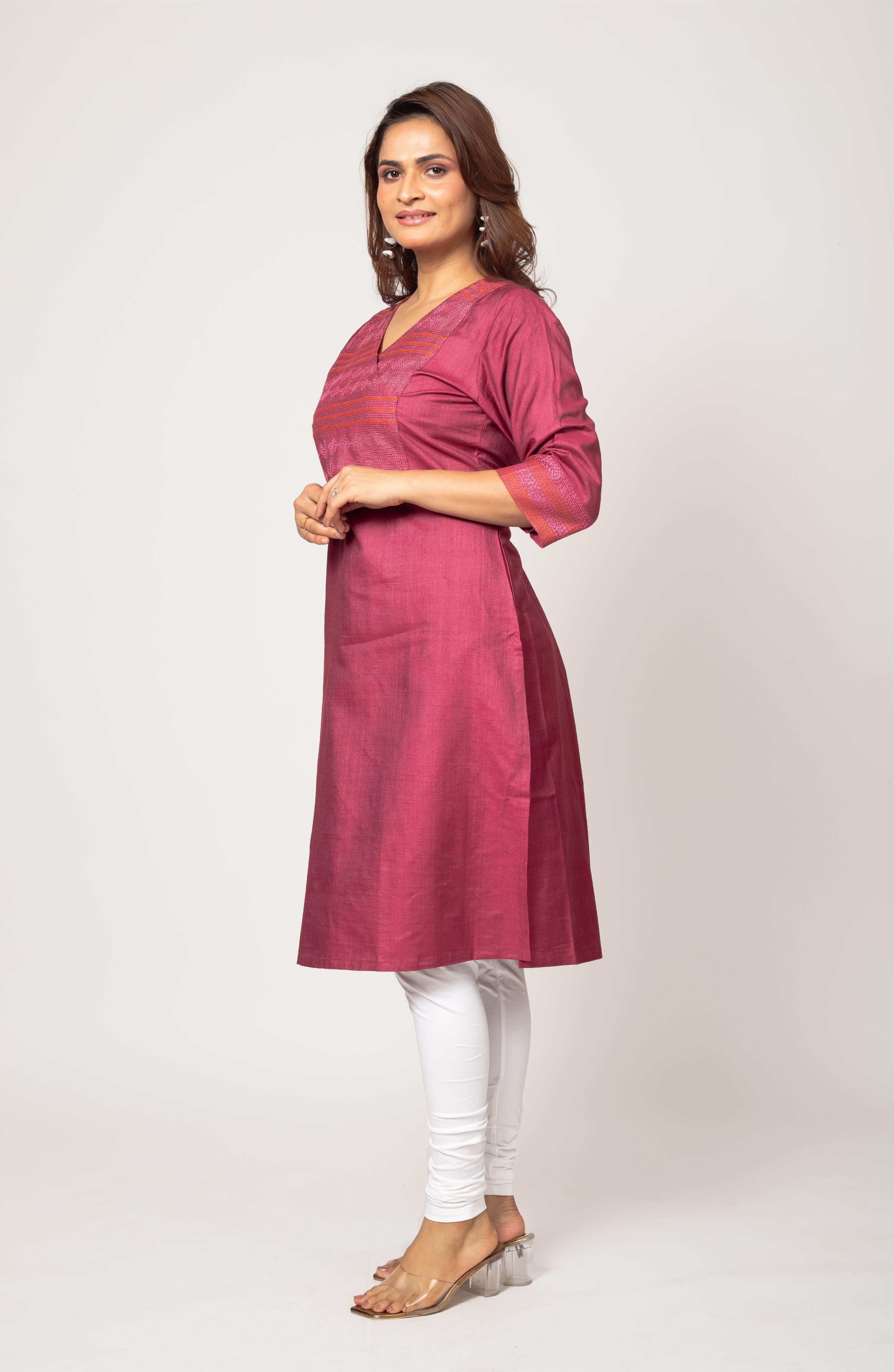 Pink Silk Hand Embroidered Slim Fit Kurti