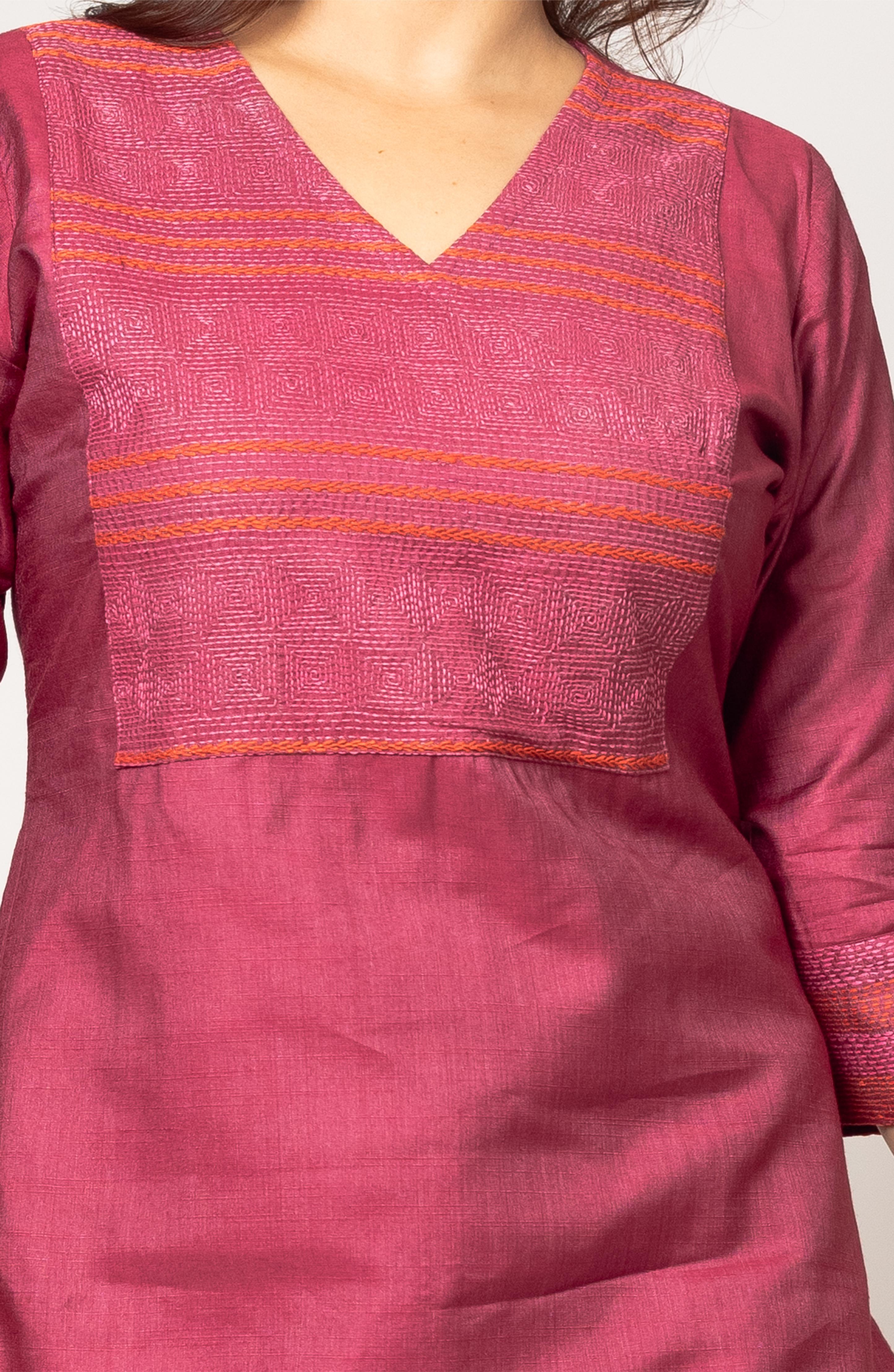 Pink Silk Hand Embroidered Slim Fit Kurti