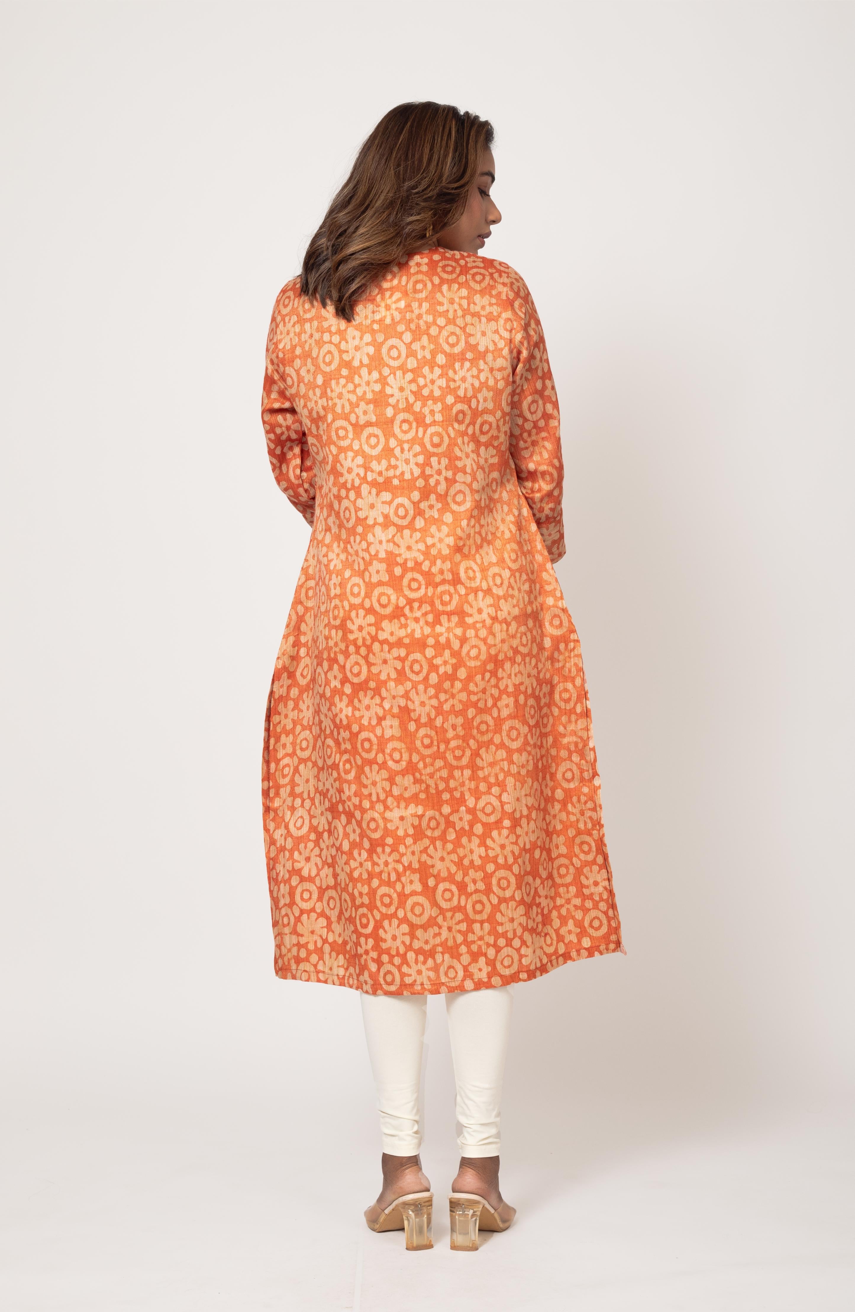 Orange Block Cotton Hand Embroidered Slim Fit Kurti