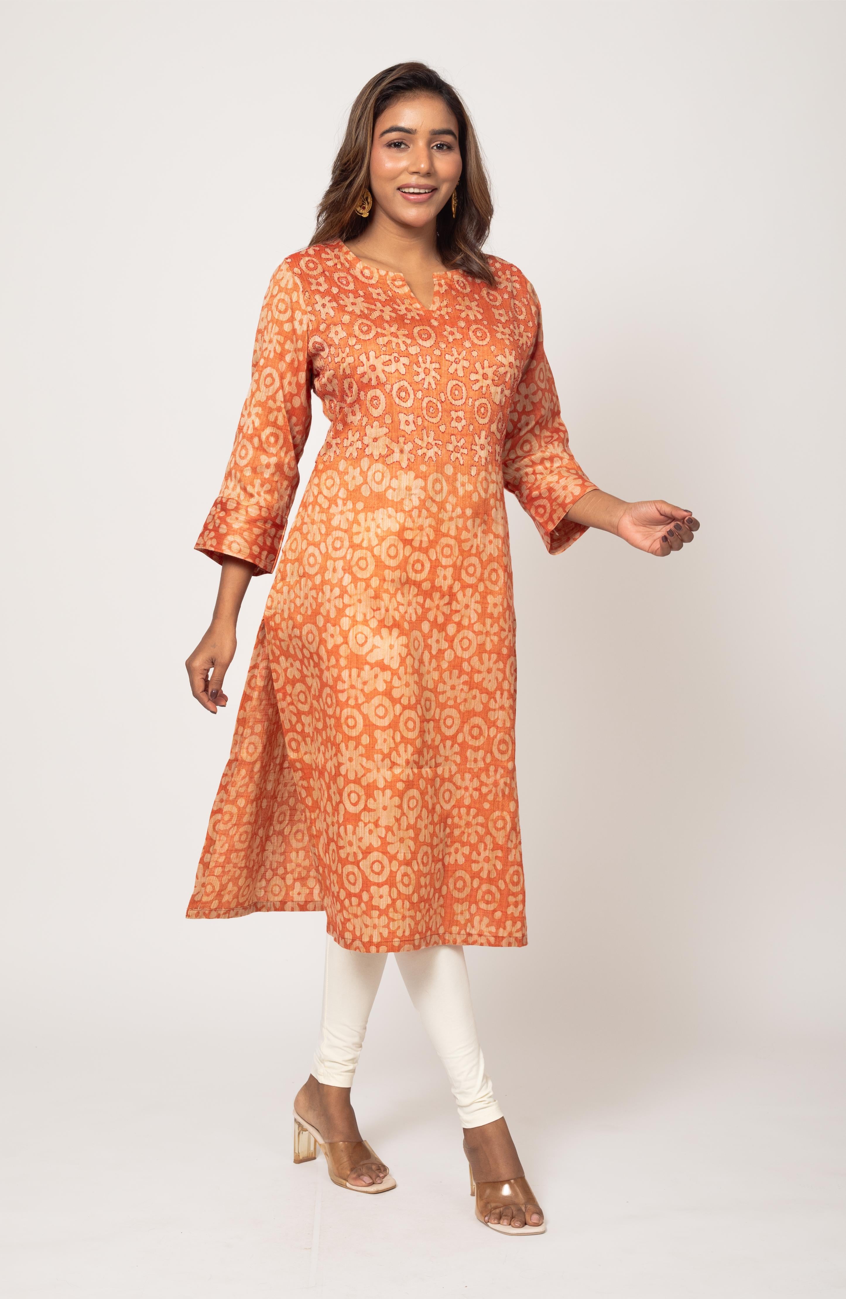 Orange Block Cotton Hand Embroidered Slim Fit Kurti