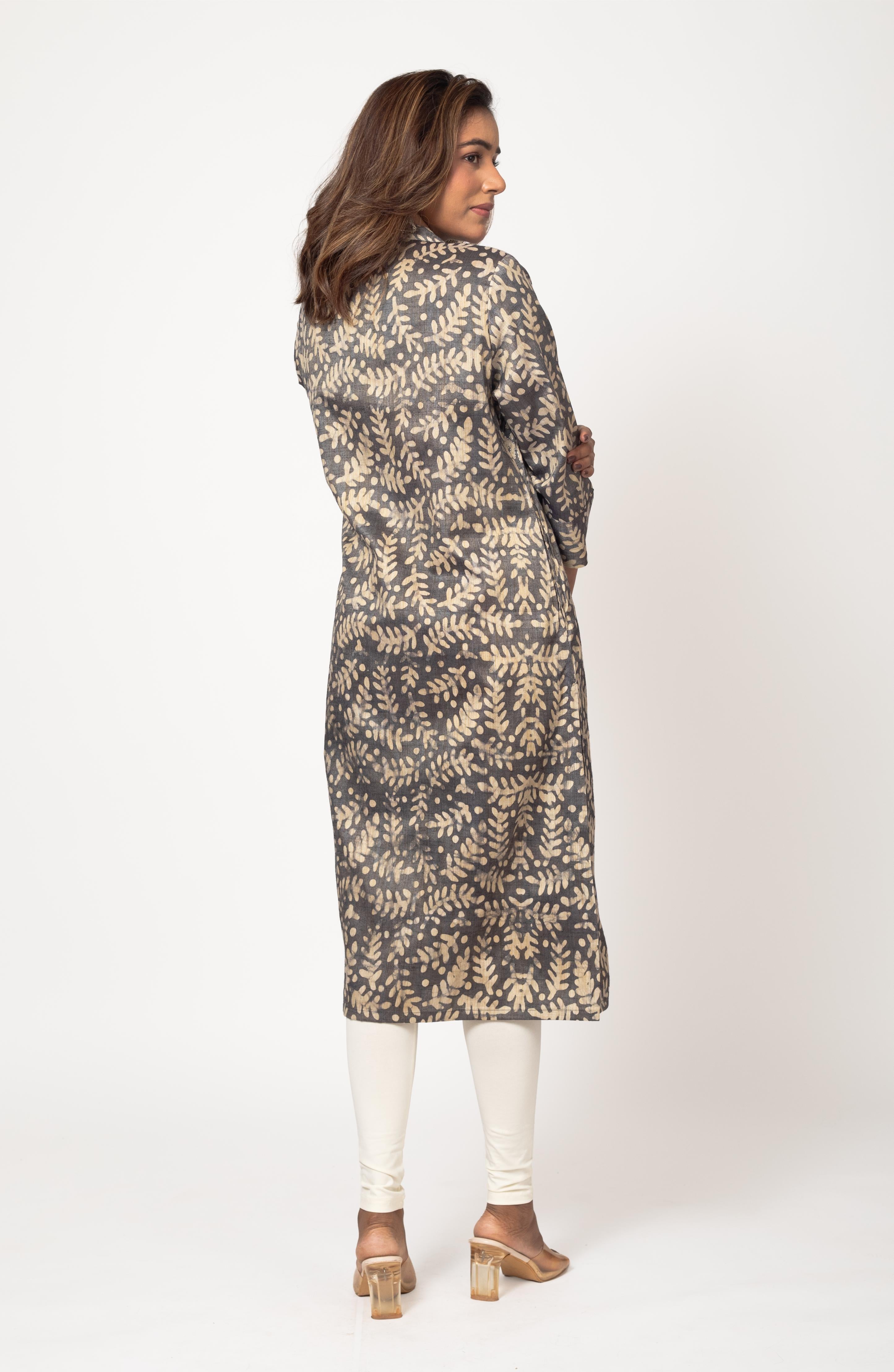 Grey Block Print Viscose Hand Embroidered Slim Fit Kurti