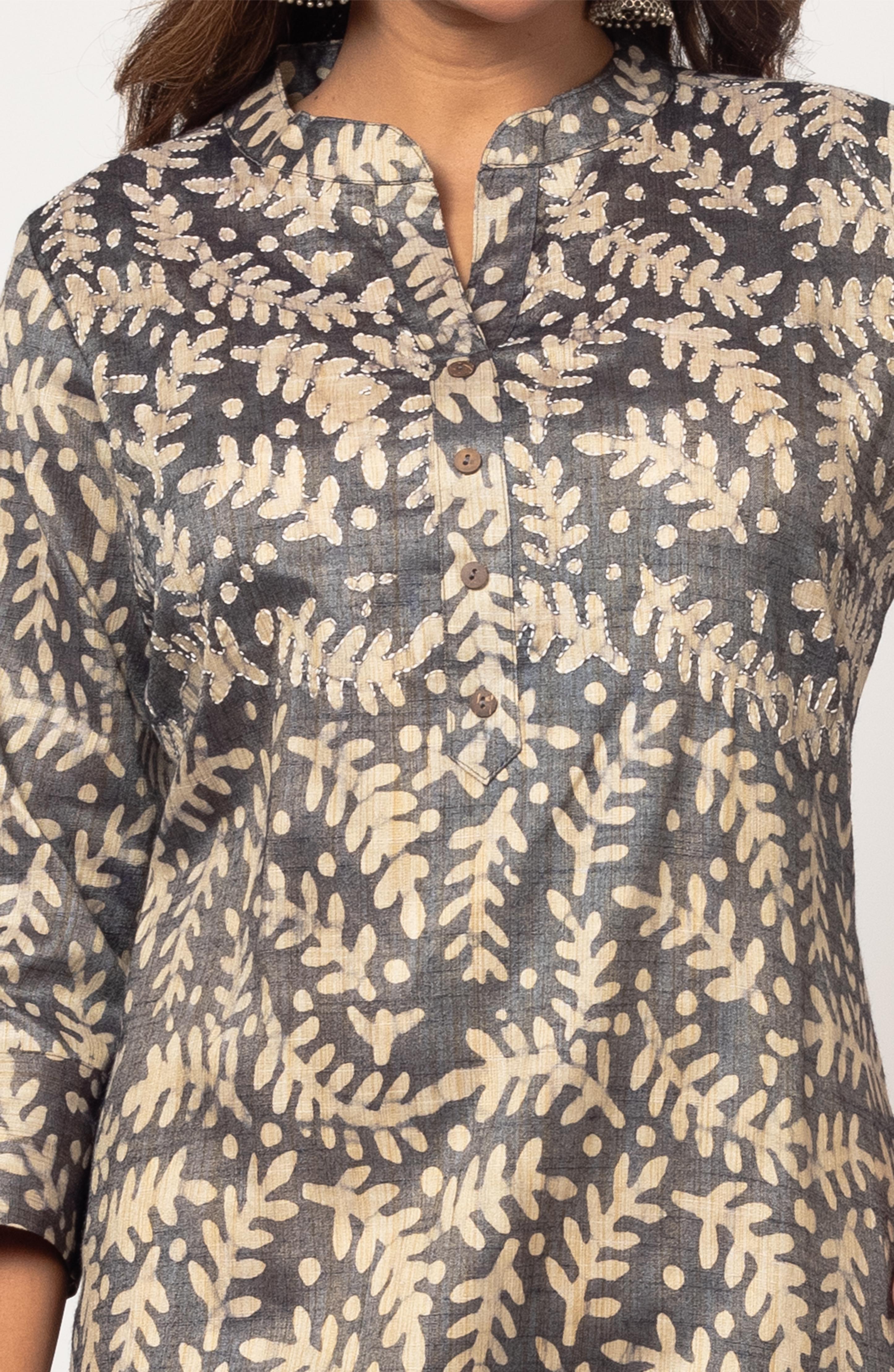 Grey Block Print Viscose Hand Embroidered Slim Fit Kurti