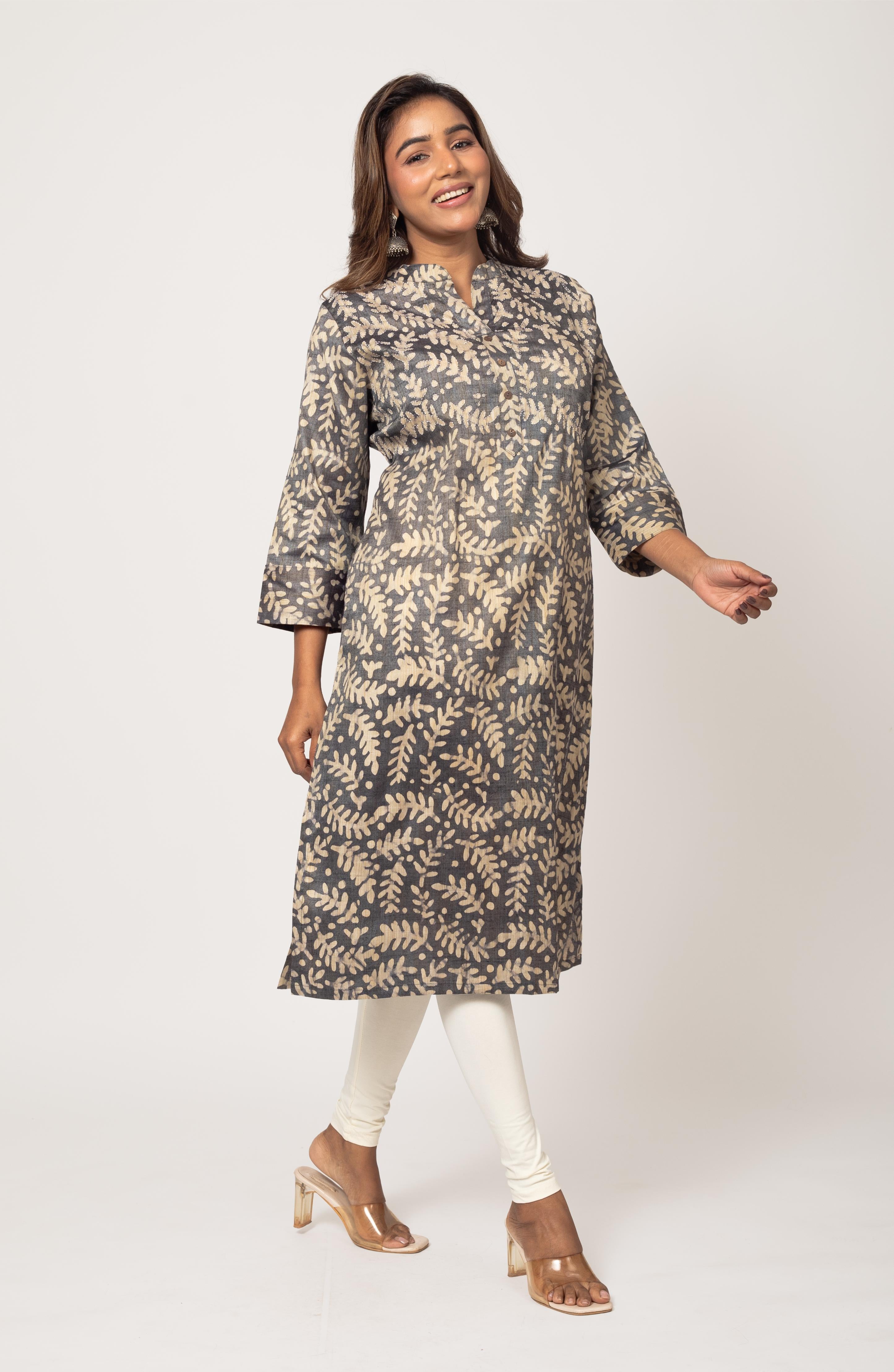 Grey Block Print Viscose Hand Embroidered Slim Fit Kurti