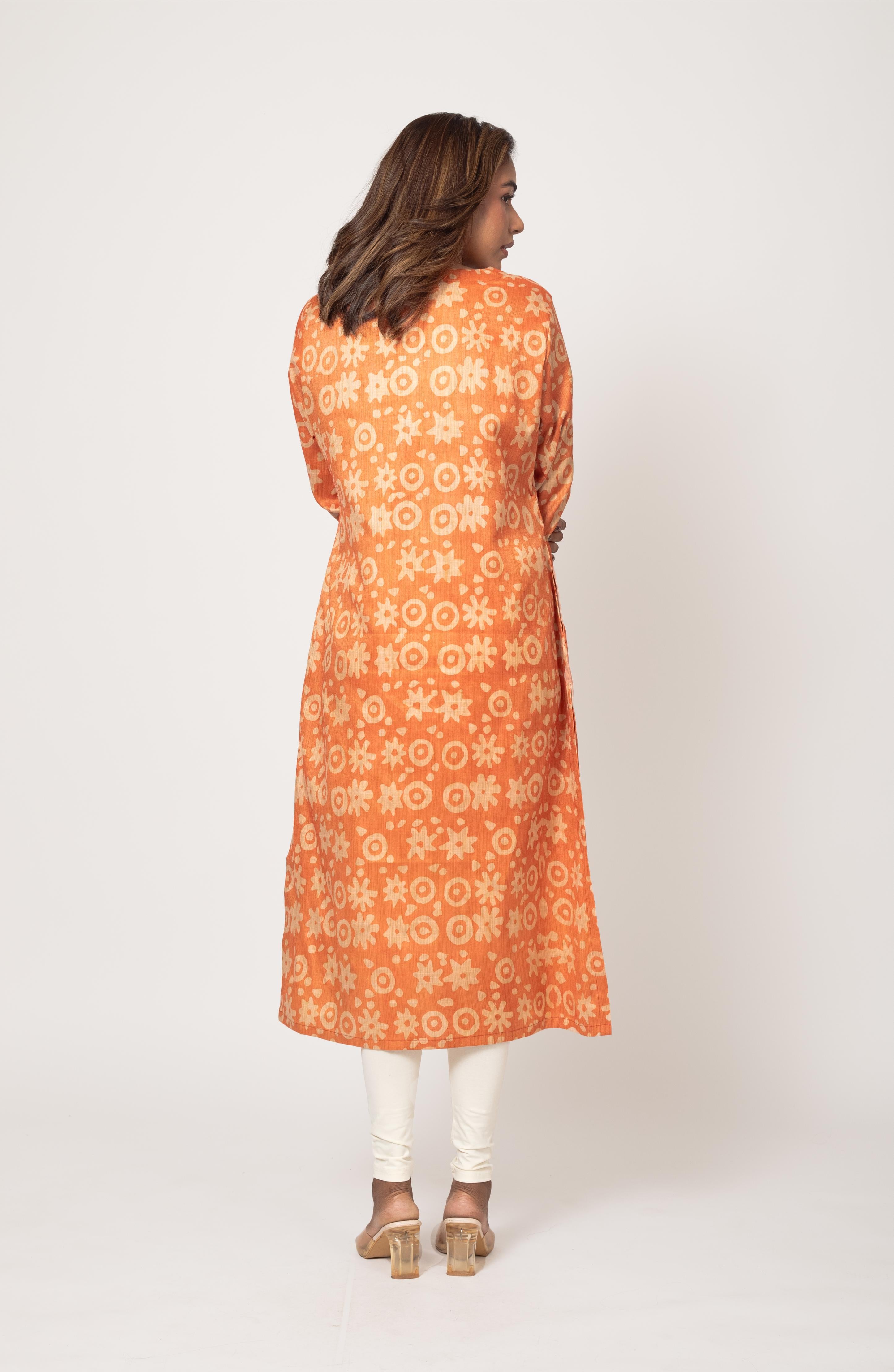 Orange Block Print Viscose Hand Embroidered Slim Fit Kurti