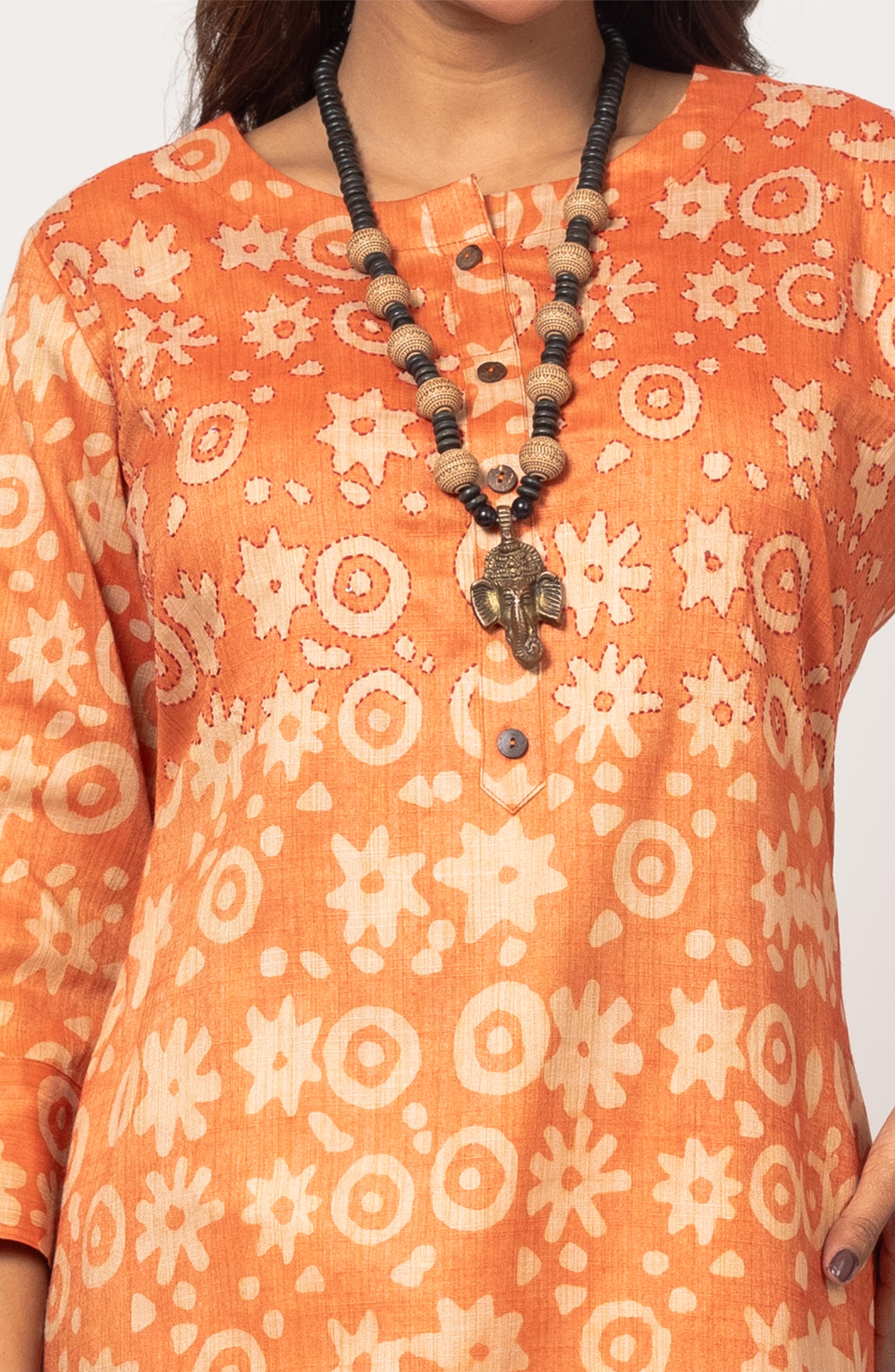 Orange Block Print Viscose Hand Embroidered Slim Fit Kurti