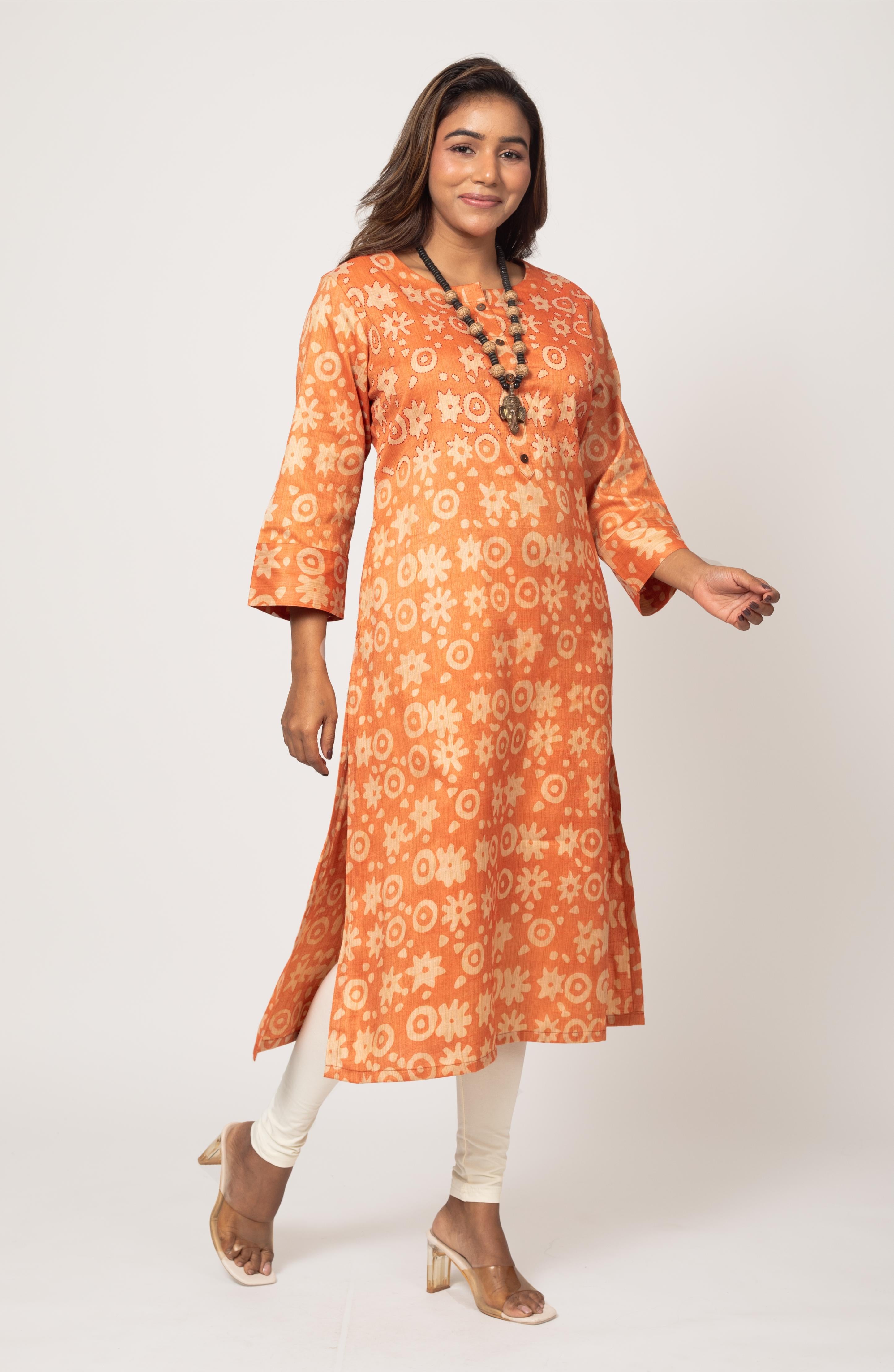 Orange Block Print Viscose Hand Embroidered Slim Fit Kurti