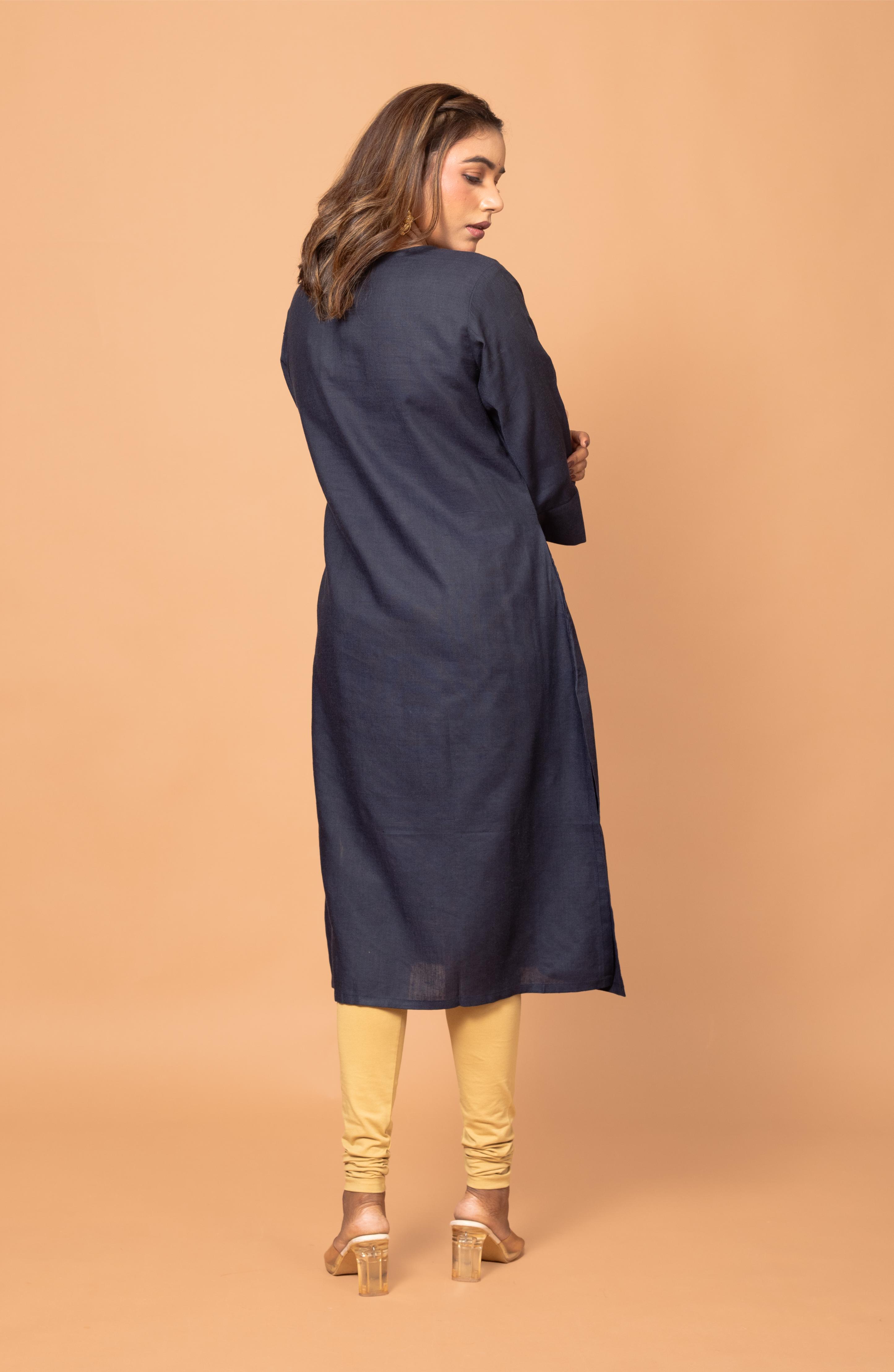 Navy Blue Long Hand Embroidered Slim Fit Kurti