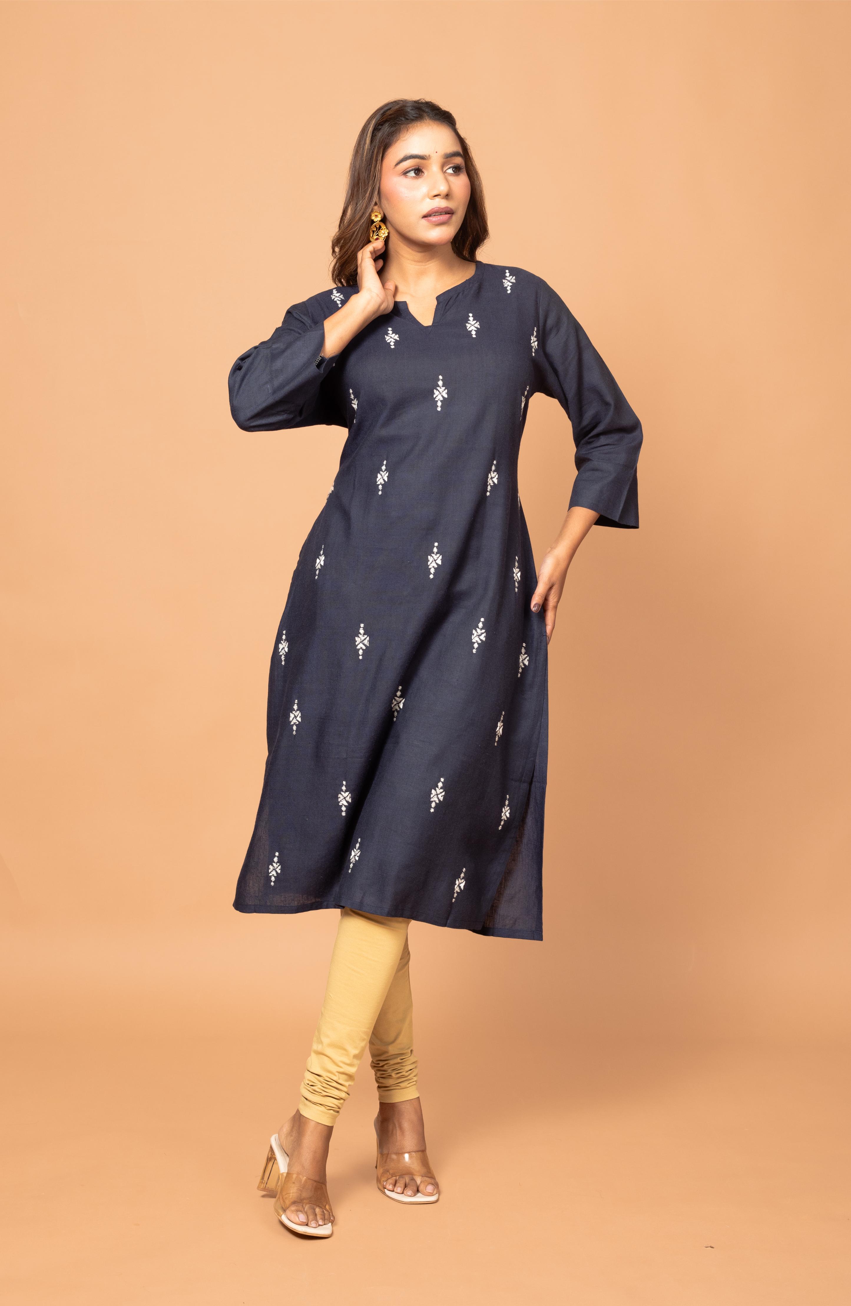 Navy Blue Long Hand Embroidered Slim Fit Kurti