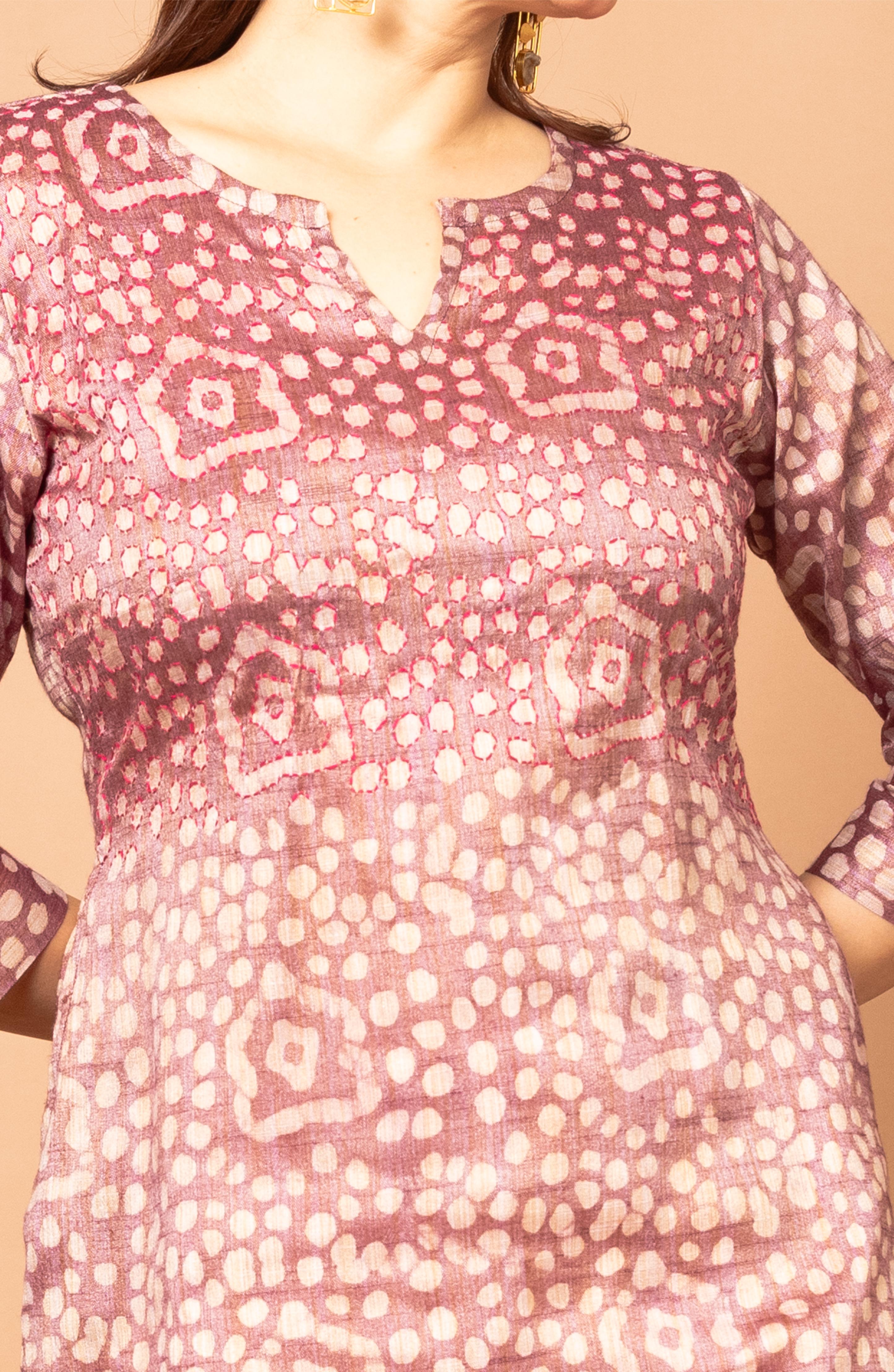 Magenta Block Cotton Hand Embroidered Slim Fit Kurti