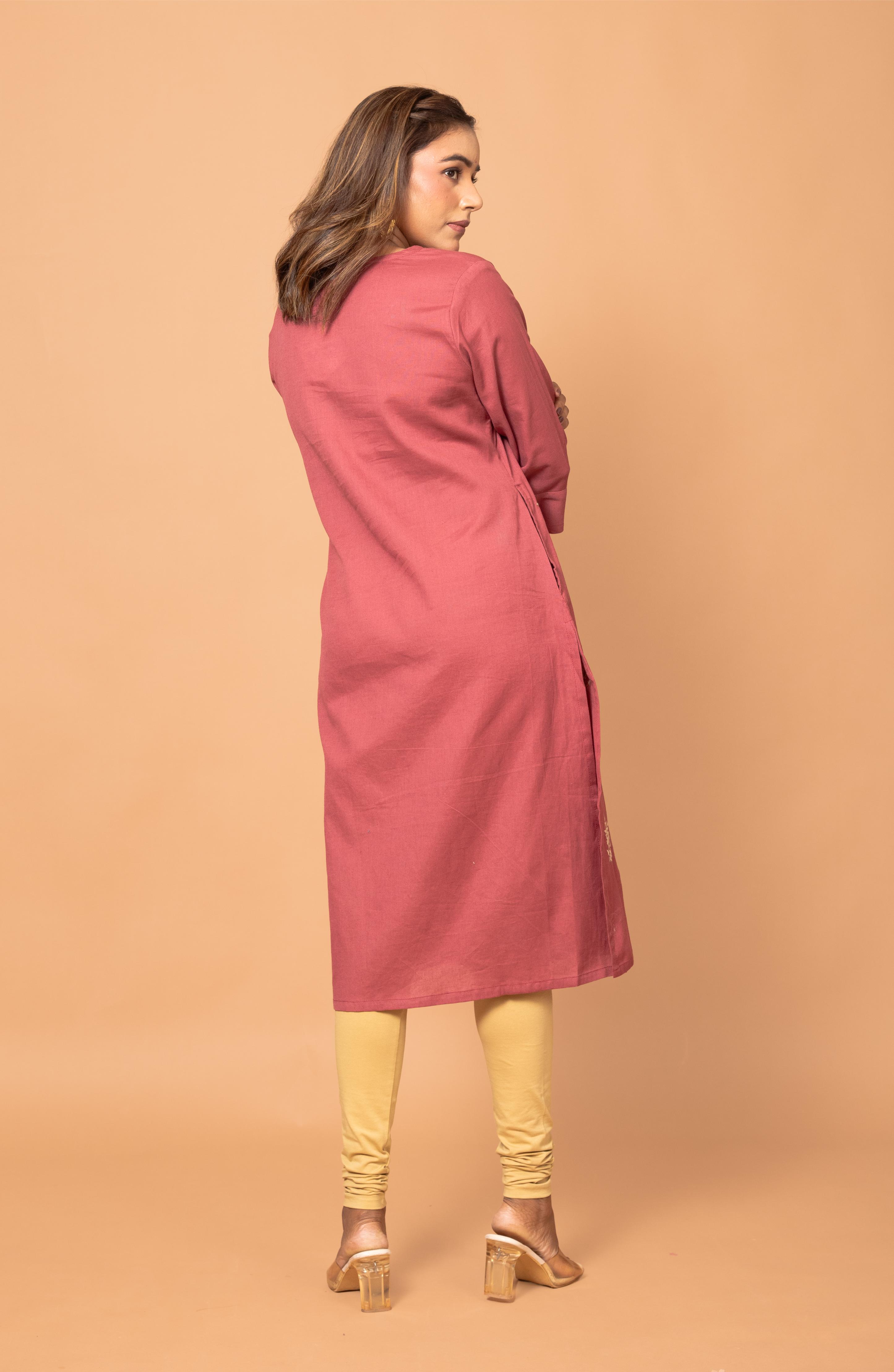 Rust Cotton Hand Embroidered Slim Fit Kurti