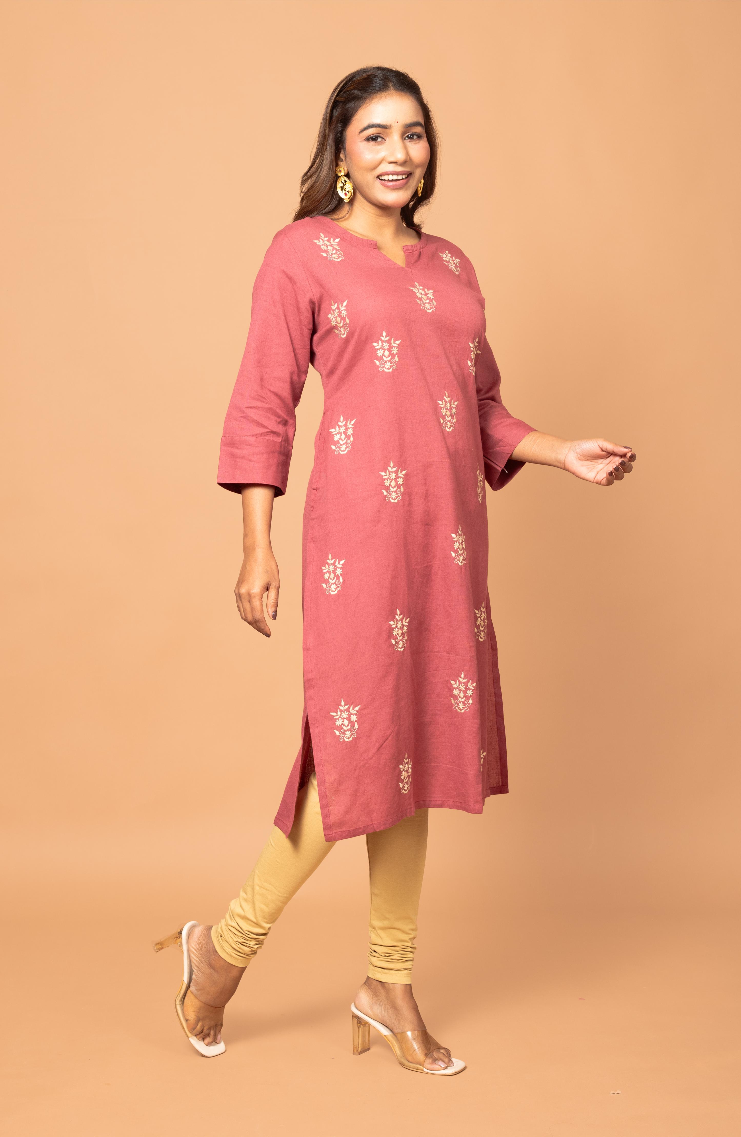 Rust Cotton Hand Embroidered Slim Fit Kurti