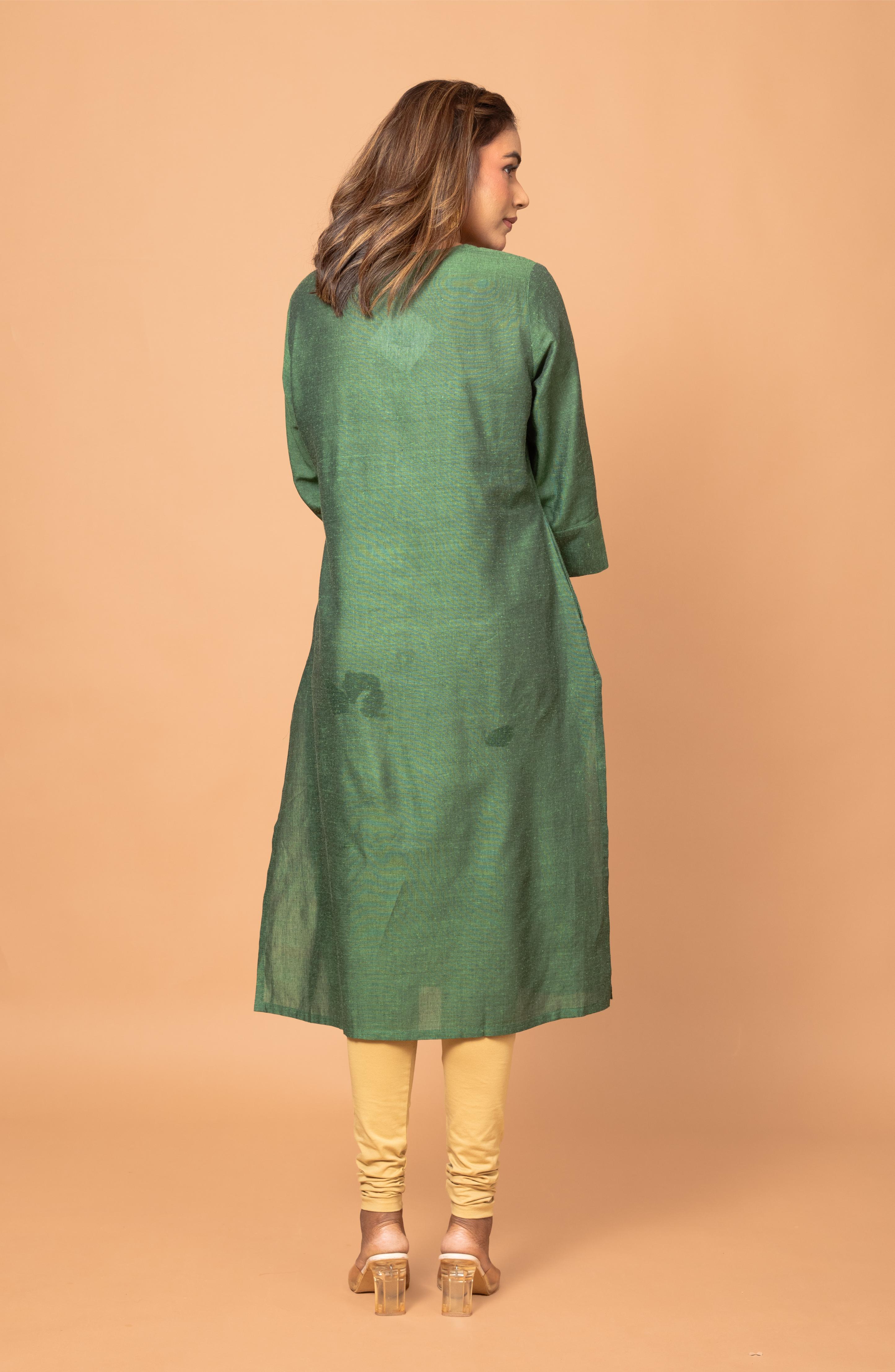 Green Cotton Hand Embroidered Slim Fit Kurti