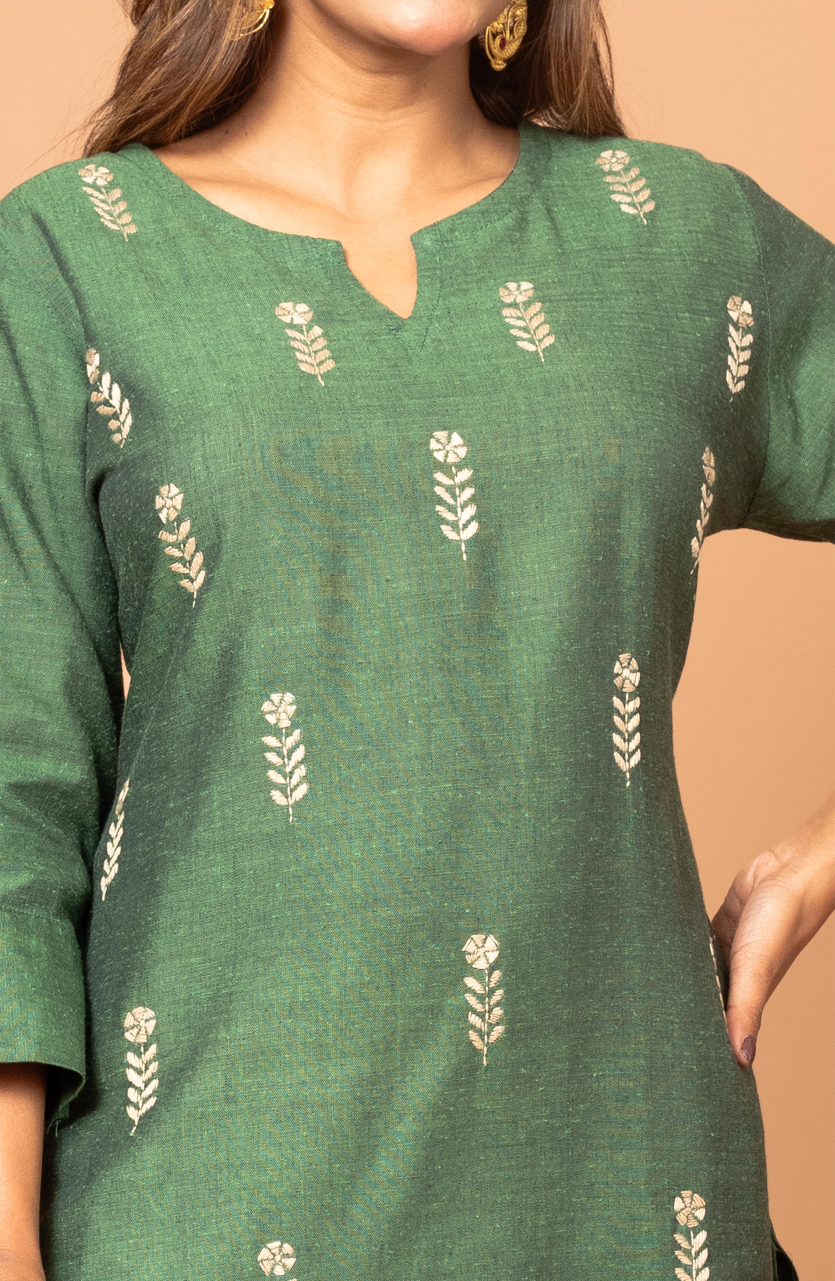 Green Cotton Hand Embroidered Slim Fit Kurti