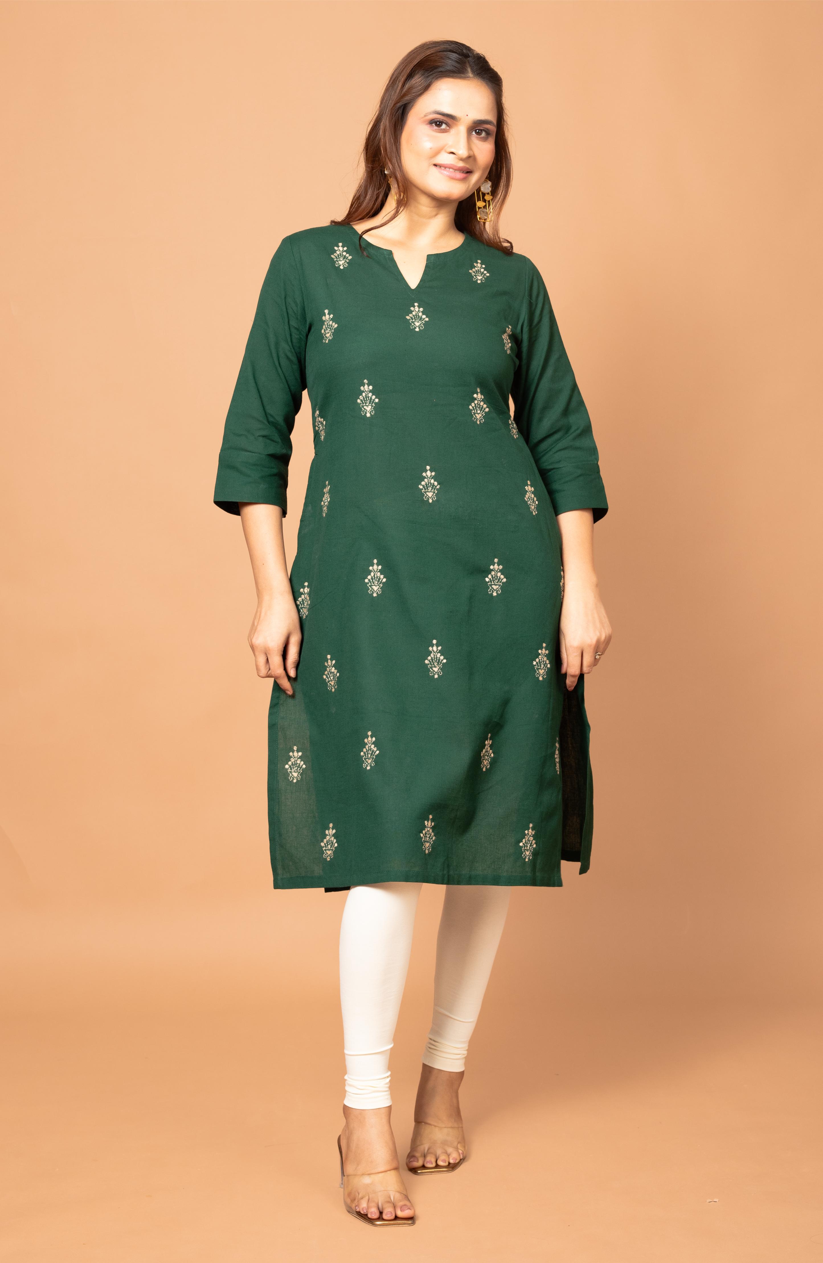 Forest Green Cotton Hand Embroidered Slim Fit Kurti
