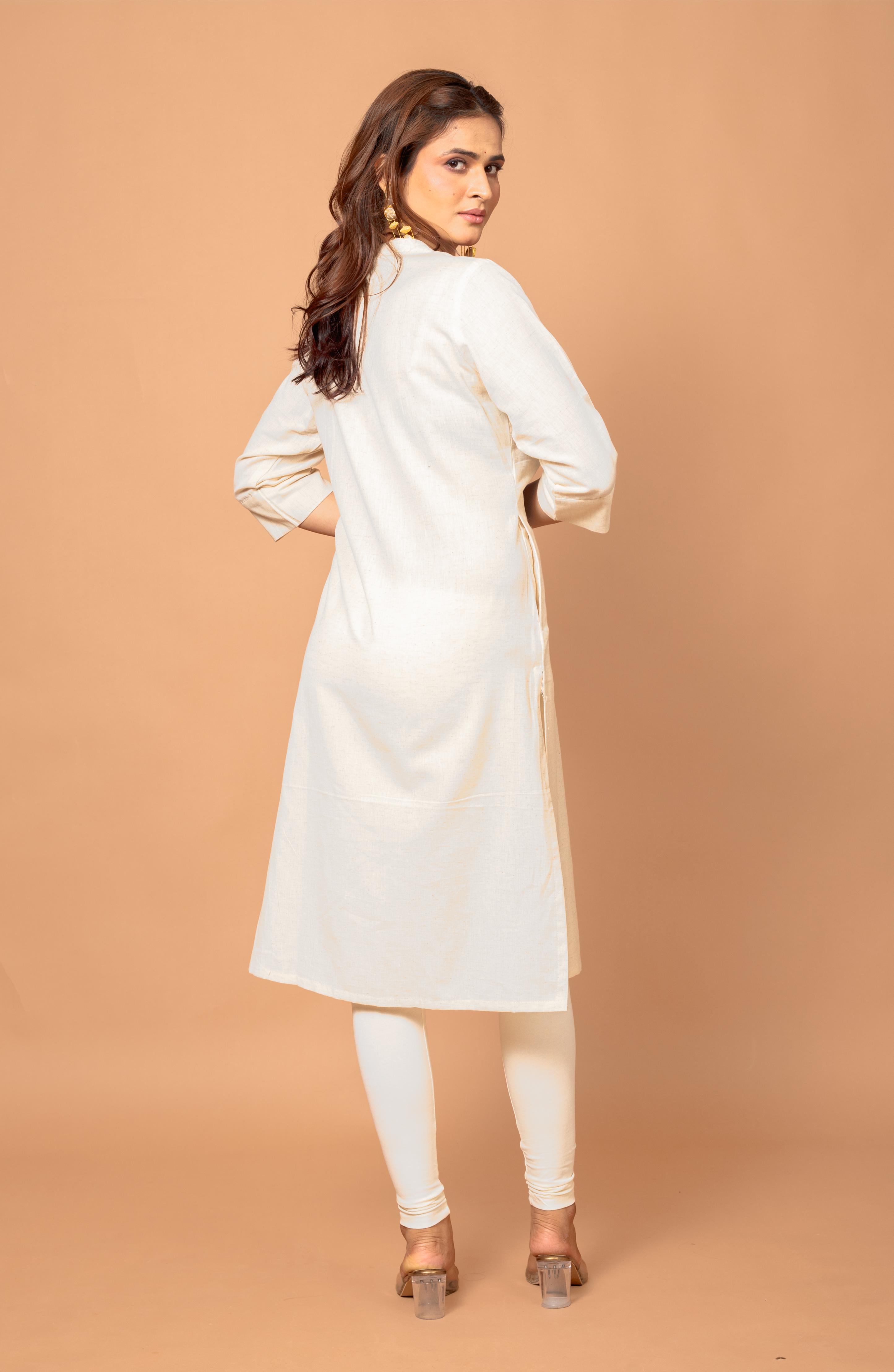 Off White Cotton Hand Embroidered Slim Fit Kurti