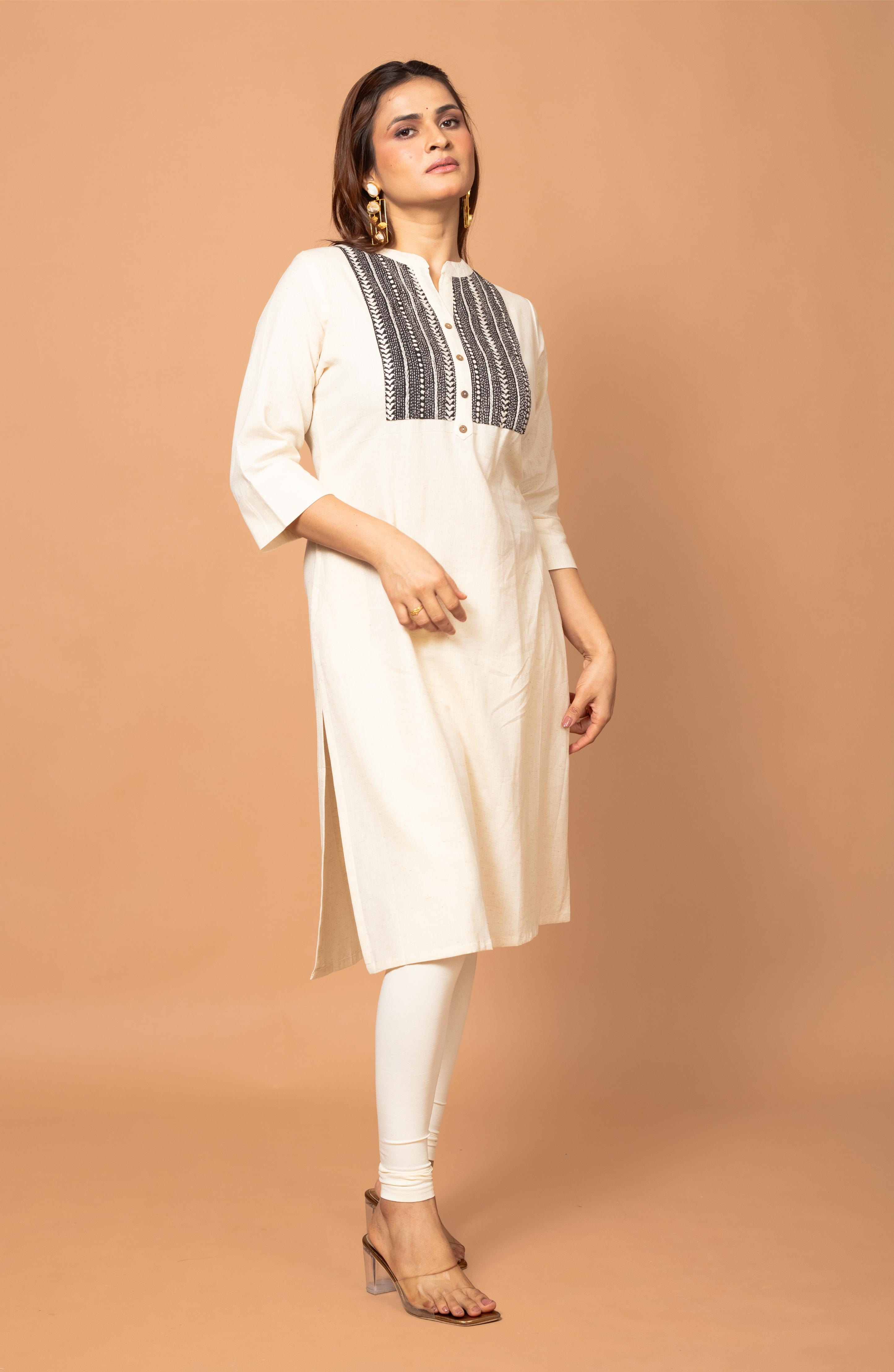 Off White Cotton Hand Embroidered Slim Fit Kurti