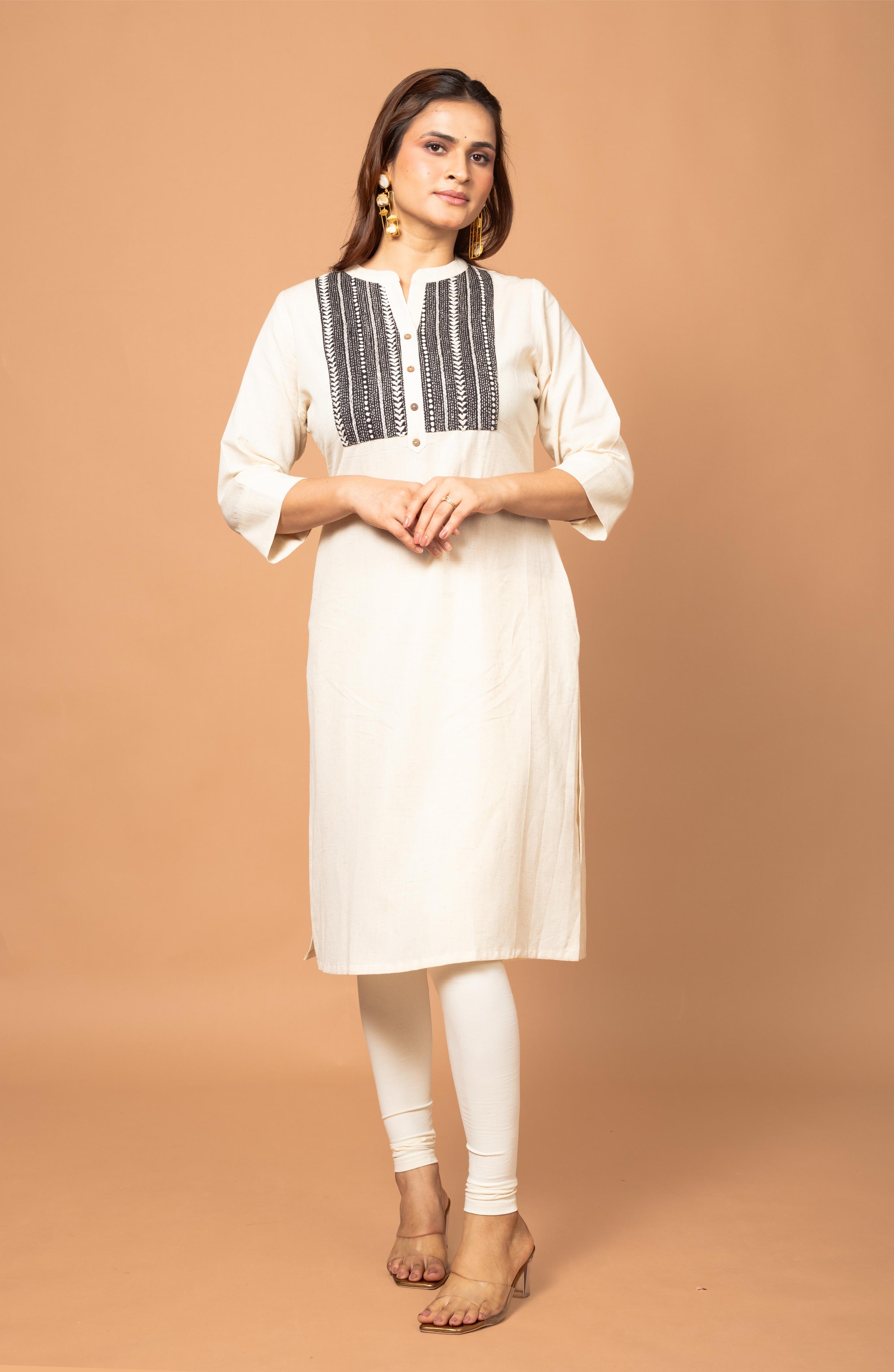 Off White Cotton Hand Embroidered Slim Fit Kurti