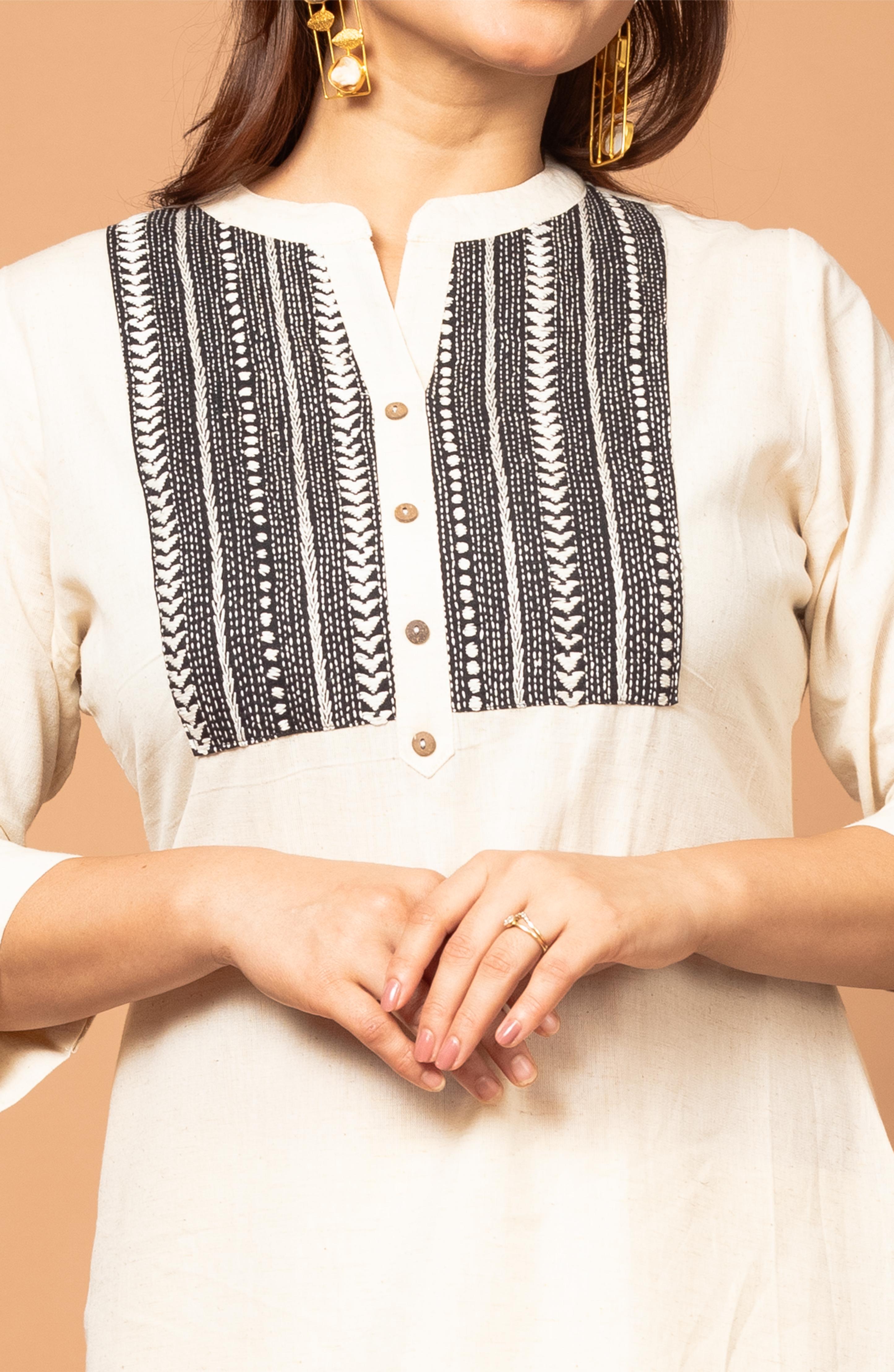 Off White Cotton Hand Embroidered Slim Fit Kurti