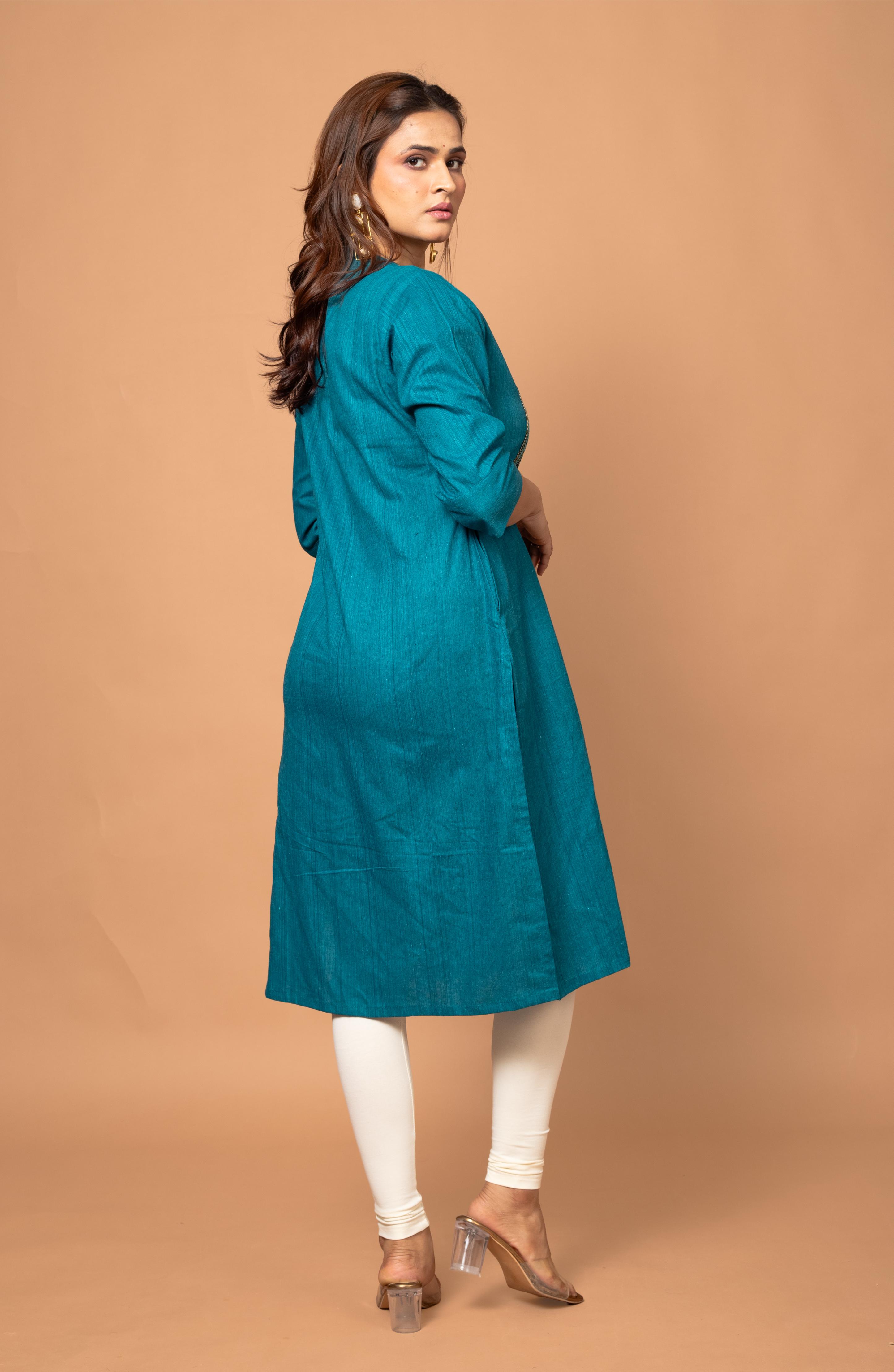 Midnight Blue Cotton Long Hand Embroidered Slim Fit Kurti