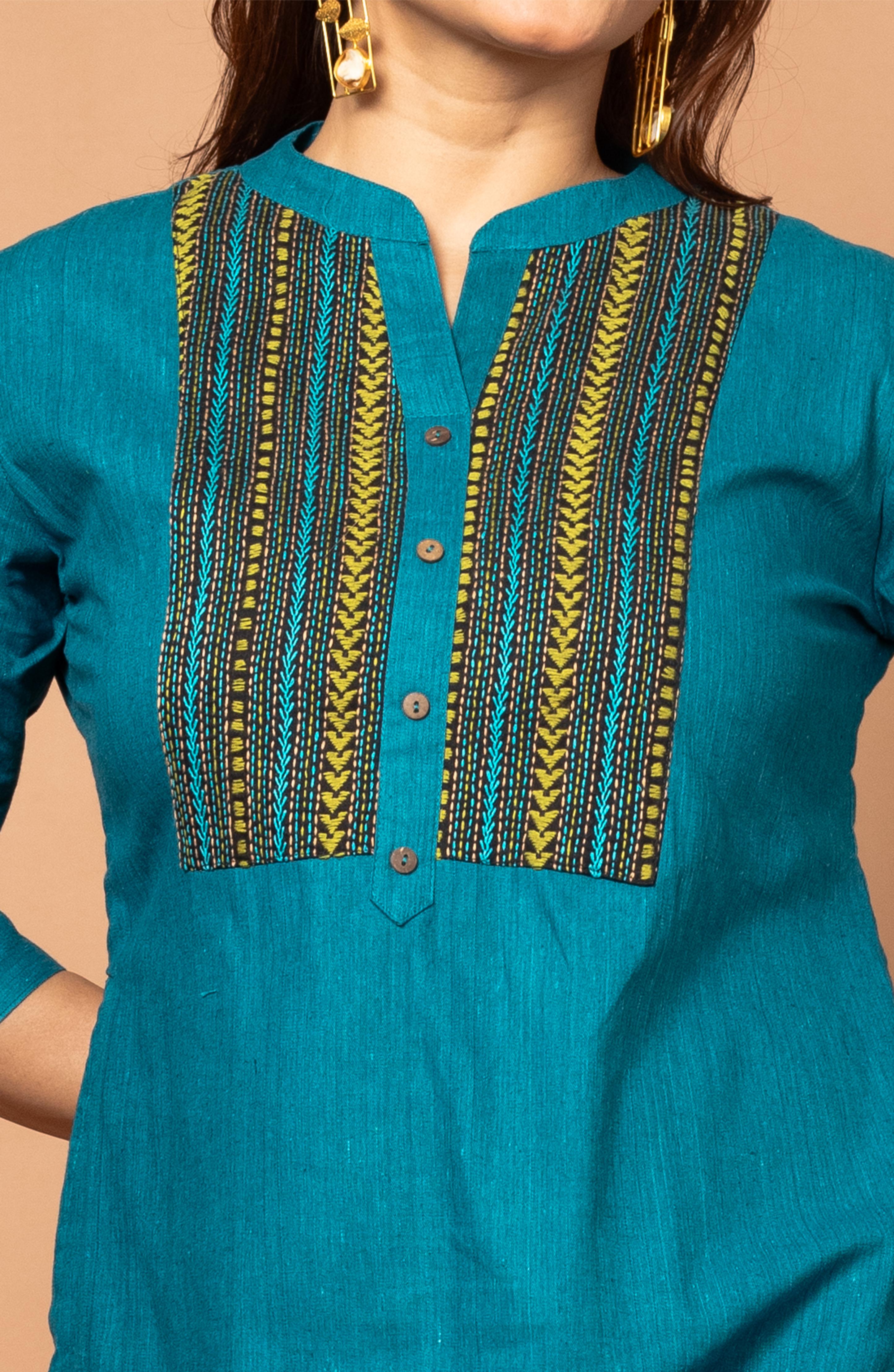 Midnight Blue Cotton Long Hand Embroidered Slim Fit Kurti