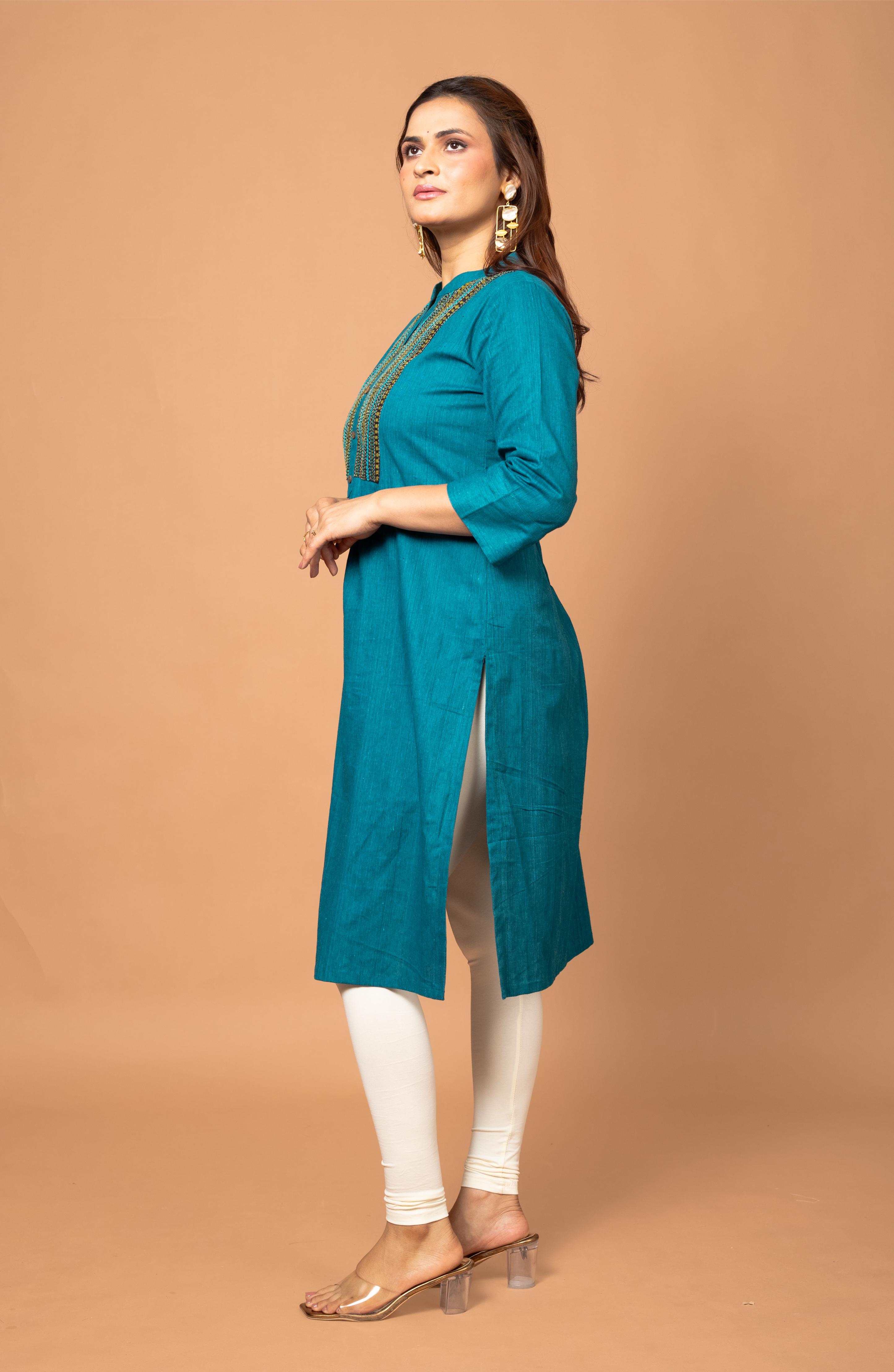 Midnight Blue Cotton Long Hand Embroidered Slim Fit Kurti