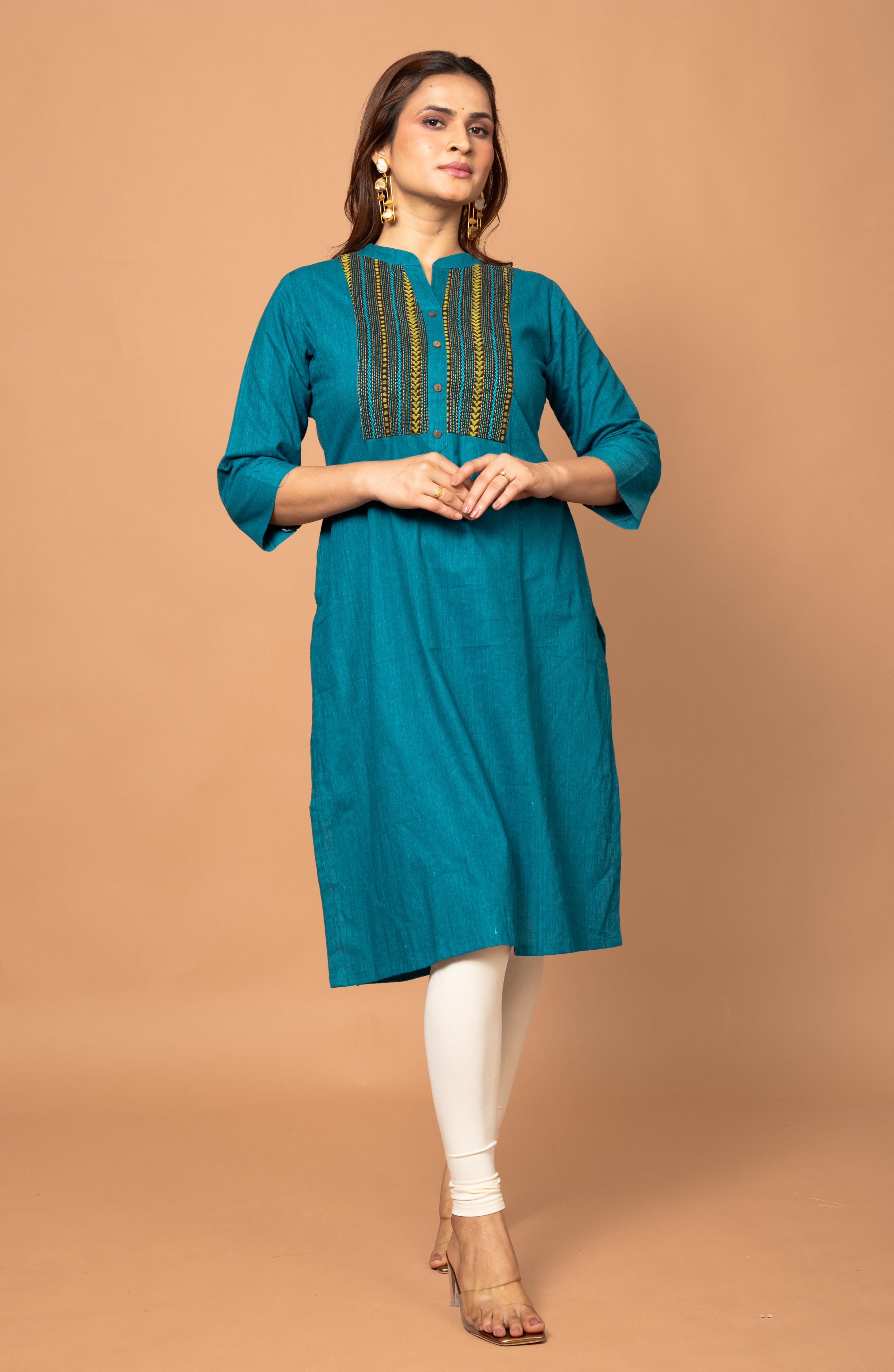 Midnight Blue Cotton Long Hand Embroidered Slim Fit Kurti