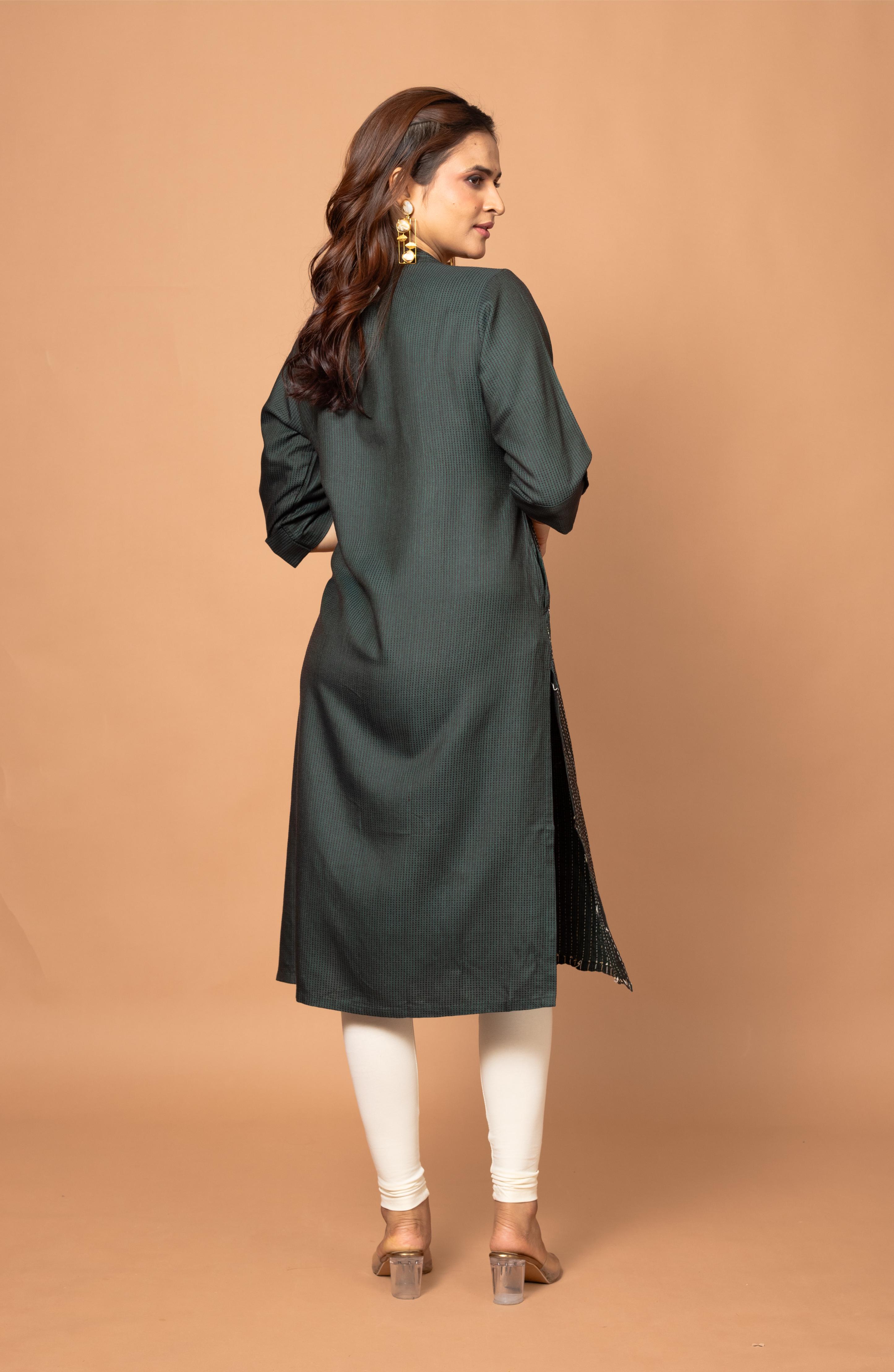 Green Silk Hand Embroidered Slim Fit Kurti