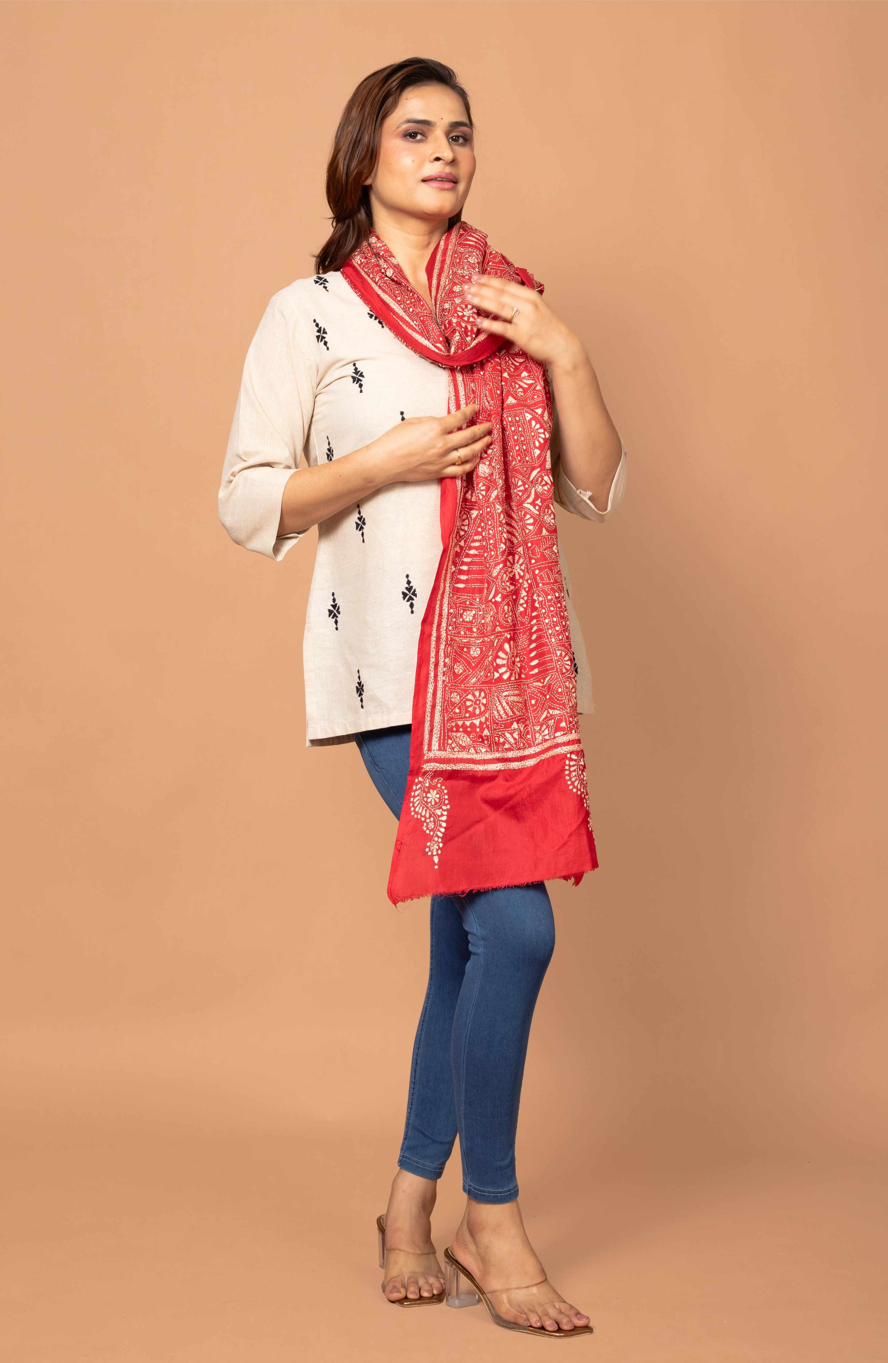 Red Floral Pure Silk Stole