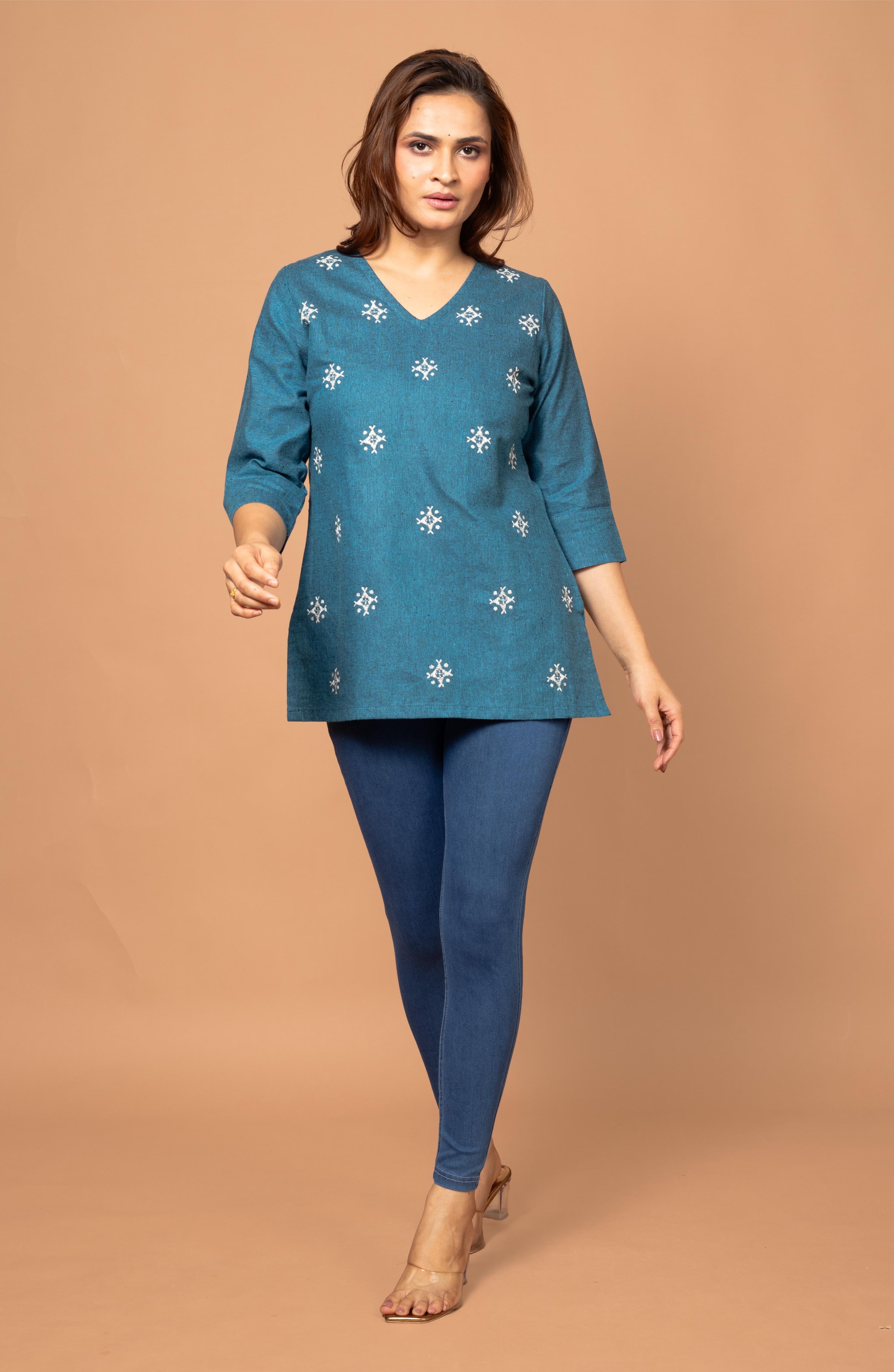 Deep Blue Cotton Short Hand Embroidered Slim Fit Kurti