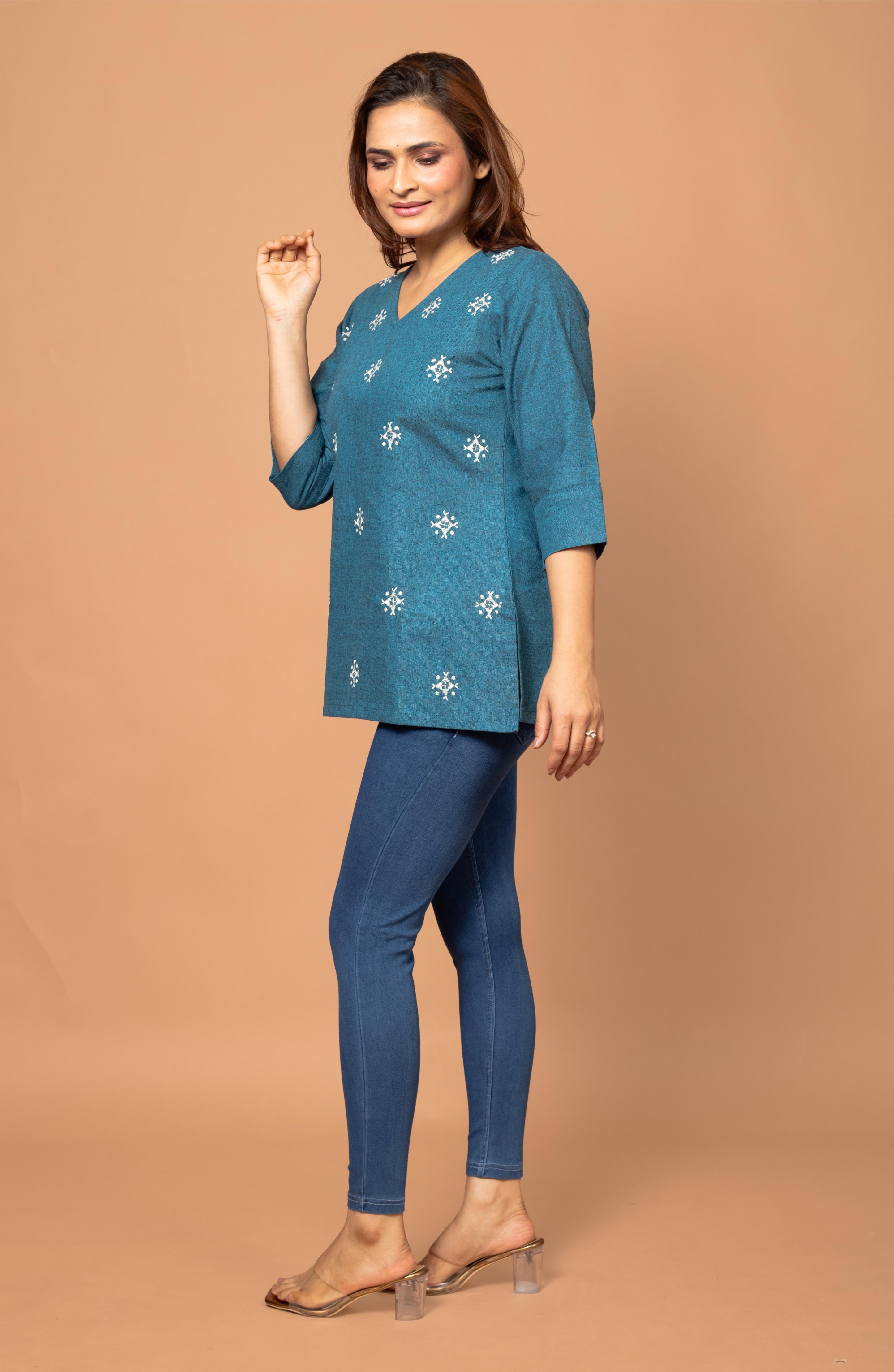 Deep Blue Cotton Short Hand Embroidered Slim Fit Kurti