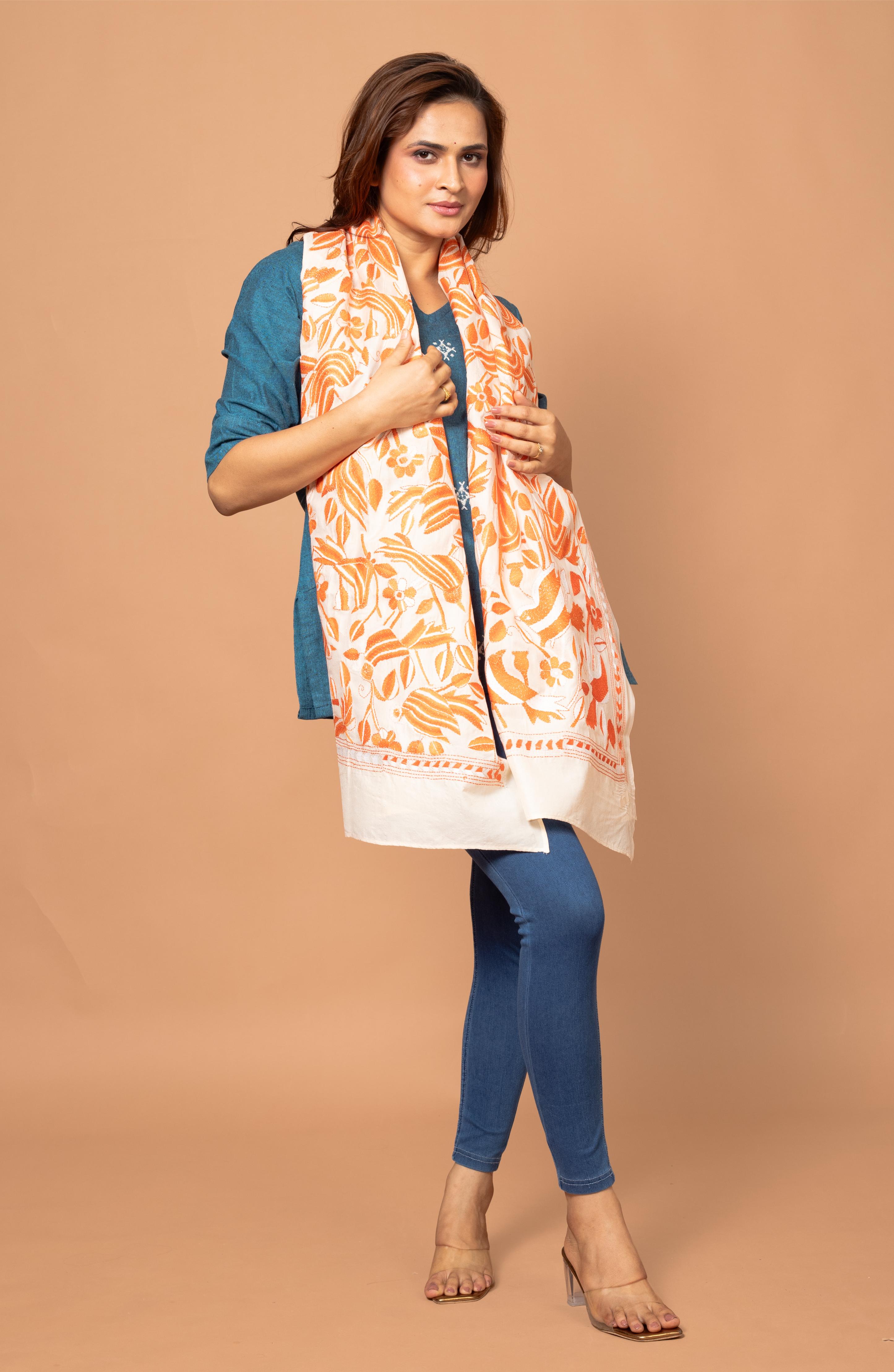 Orange Nakshi Floral Stole