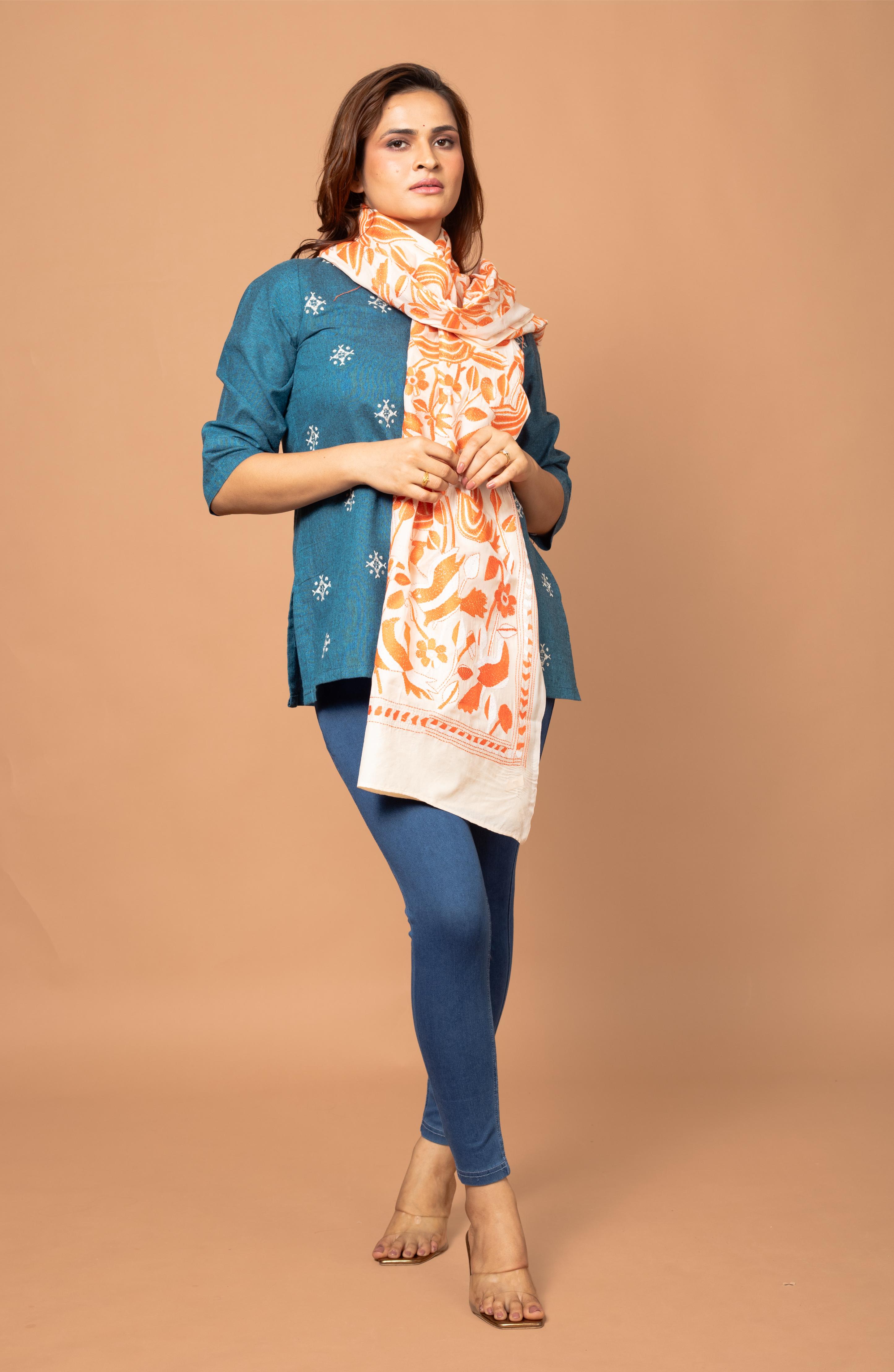 Orange Nakshi Floral Stole