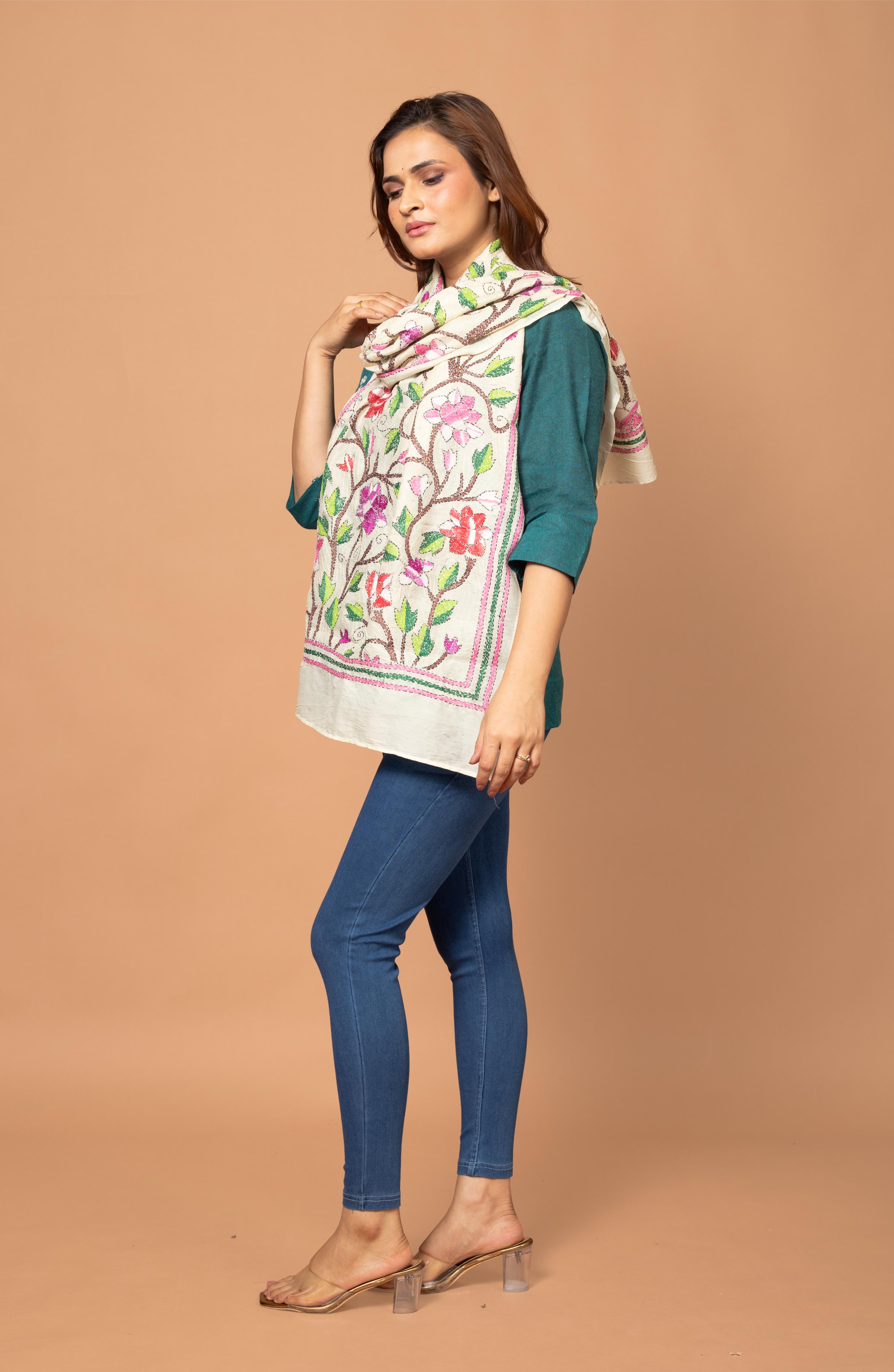 Cream Nakshi Floral Stole - 2