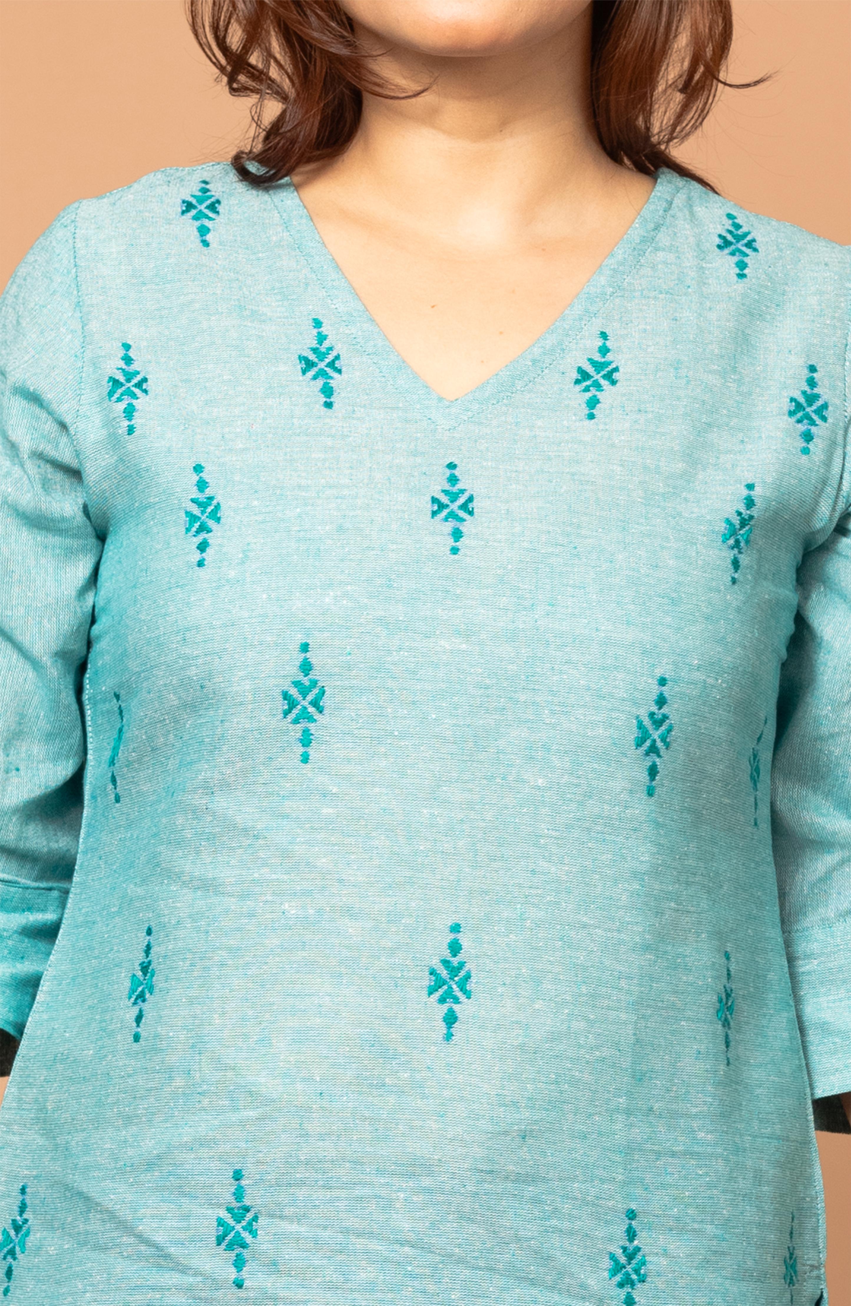 Mint Green Cotton Short Hand Embroidered Slim Fit Kurti