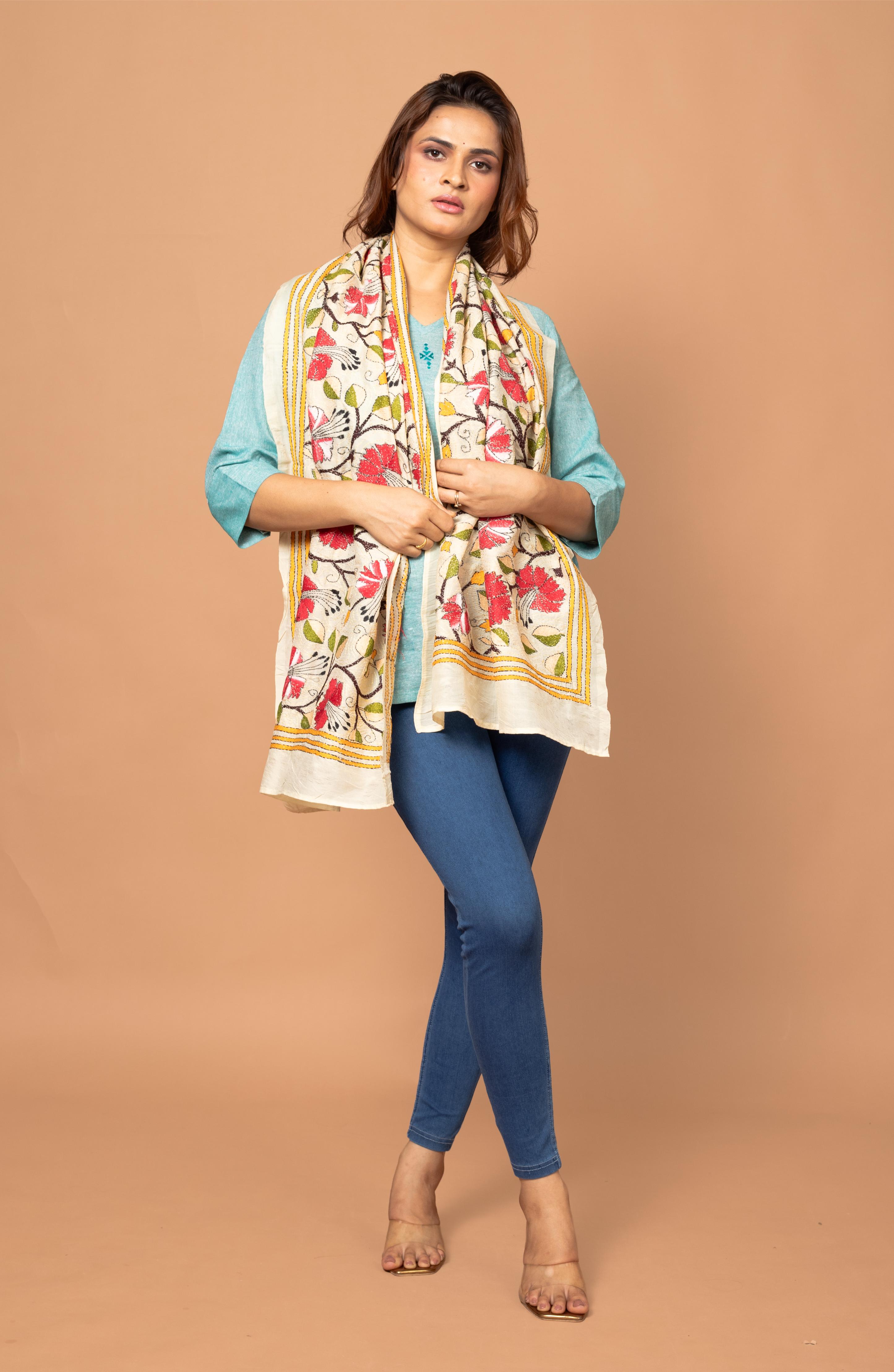 Cream Nakshi Floral Stole