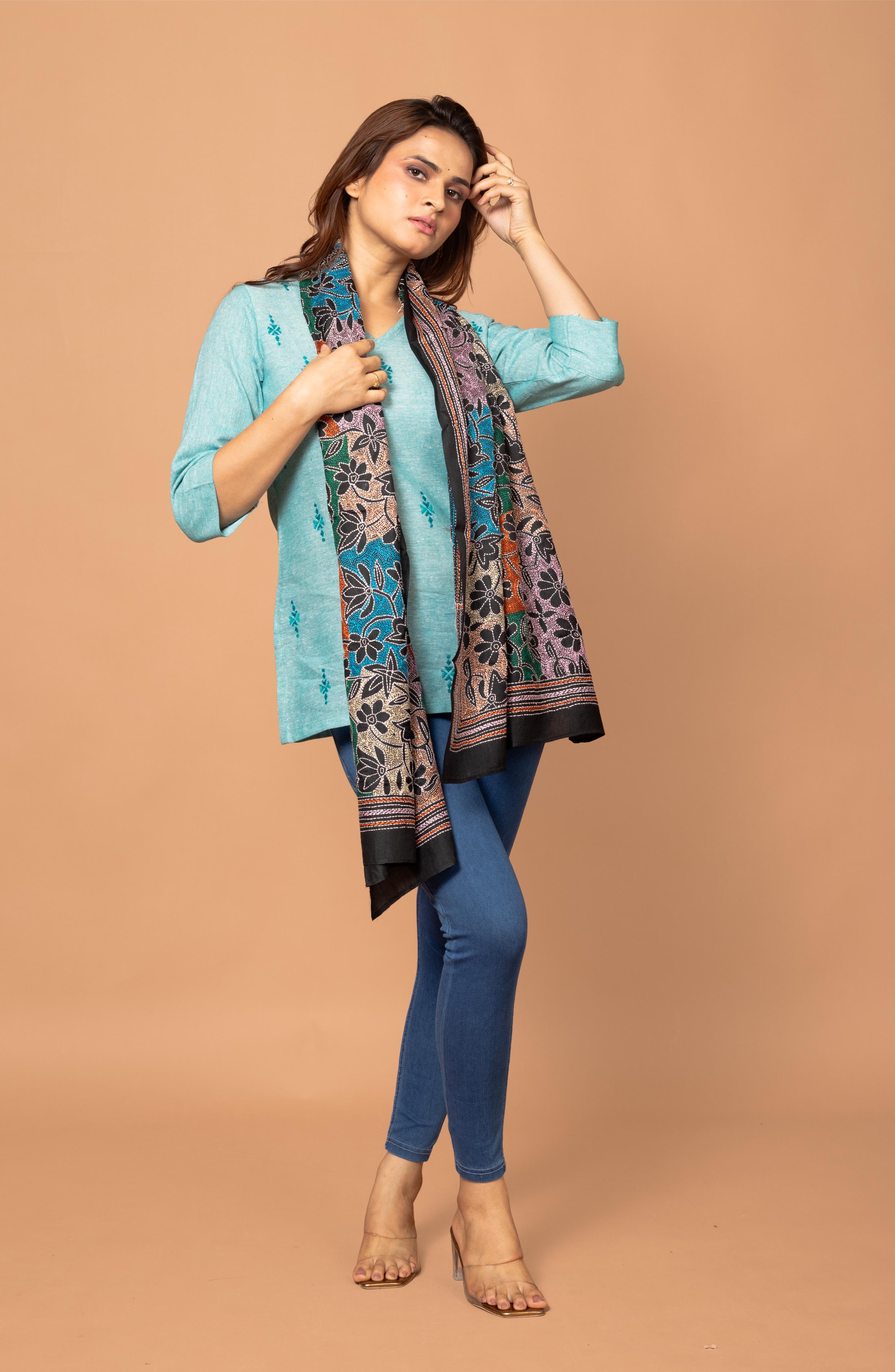 Black Floral Pure Silk Stole
